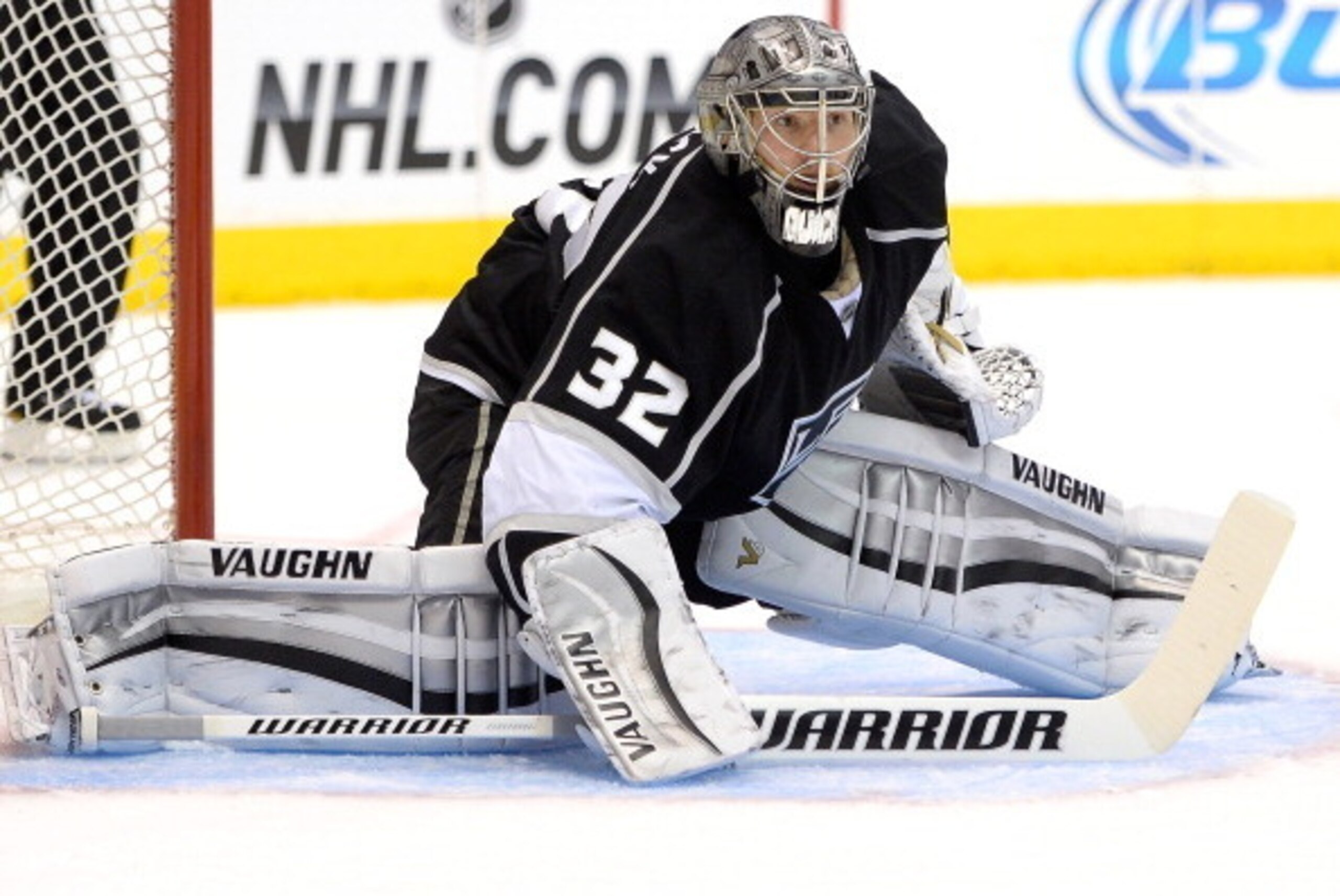 LOS ANGELES, CA - APRIL 28: Jonathan Quick #32 of the Los Angeles Kings looks for the puck during the first period against the San Jose Sharks in Game Six of the First Round of the 2014 NHL Stanley Cup Playoffs at Staples Center on April 28, 2014 in Los A