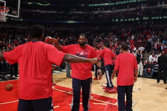 CHICAGO, IL - APRIL 29: Nene #42 of the Washington Wizards is introduced prior to the start of Game 5 of the Eastern Conference Quarterfinals against the Chicago Bulls on April 29, 2014 at the United Center in Chicago, Illinois. NOTE TO USER: User express CHICAGO, IL - APRIL 29: Nene #42 of the Washington Wizards is introduced prior to the start of Game 5 of the Eastern Conference Quarterfinals against the Chicago Bulls on April 29, 2014 at the United Center in Chicago, Illinois. NOTE TO USER: User express