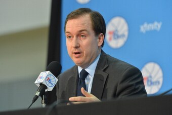 PHILADELPHIA, PA - JULY 23: General Manager Sam Hinkie of the Philadelphia 76ers addresses the media at the Philadelphia College of Osteopathic Medicine on July 23, 2013 in Philadelphia, Pennsylvania. NOTE TO USER: User expressly acknowledges and agrees t