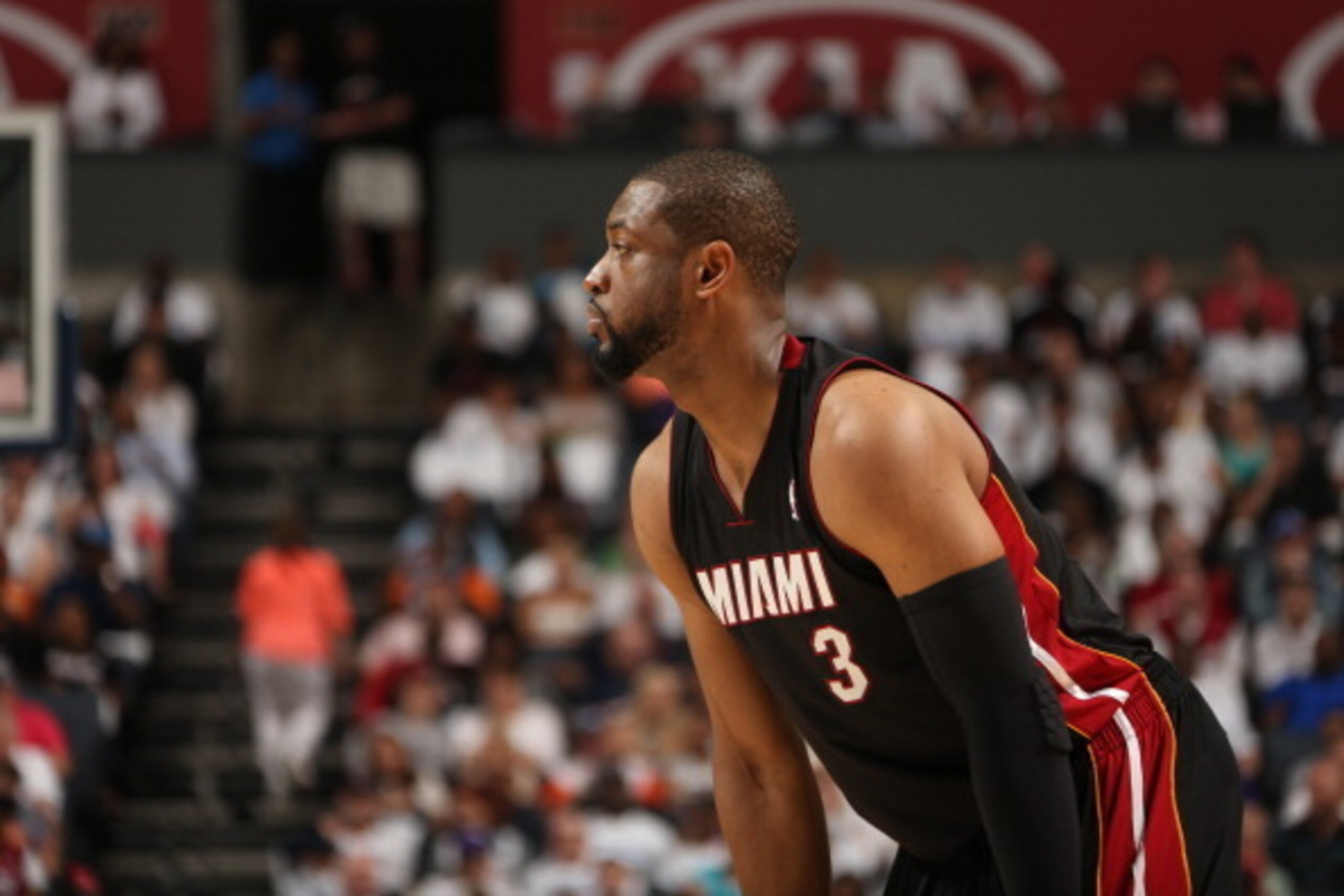 CHARLOTTE, NC - APRIL 26: Dwyane Wade #3 of the Miami Heat stands on the court during a game against the Charlotte Bobcats during Game Three of the Eastern Conference Quarterfinals of the 2014 NBA playoffs at the Time Warner Cable Arena on April 26, 2014 