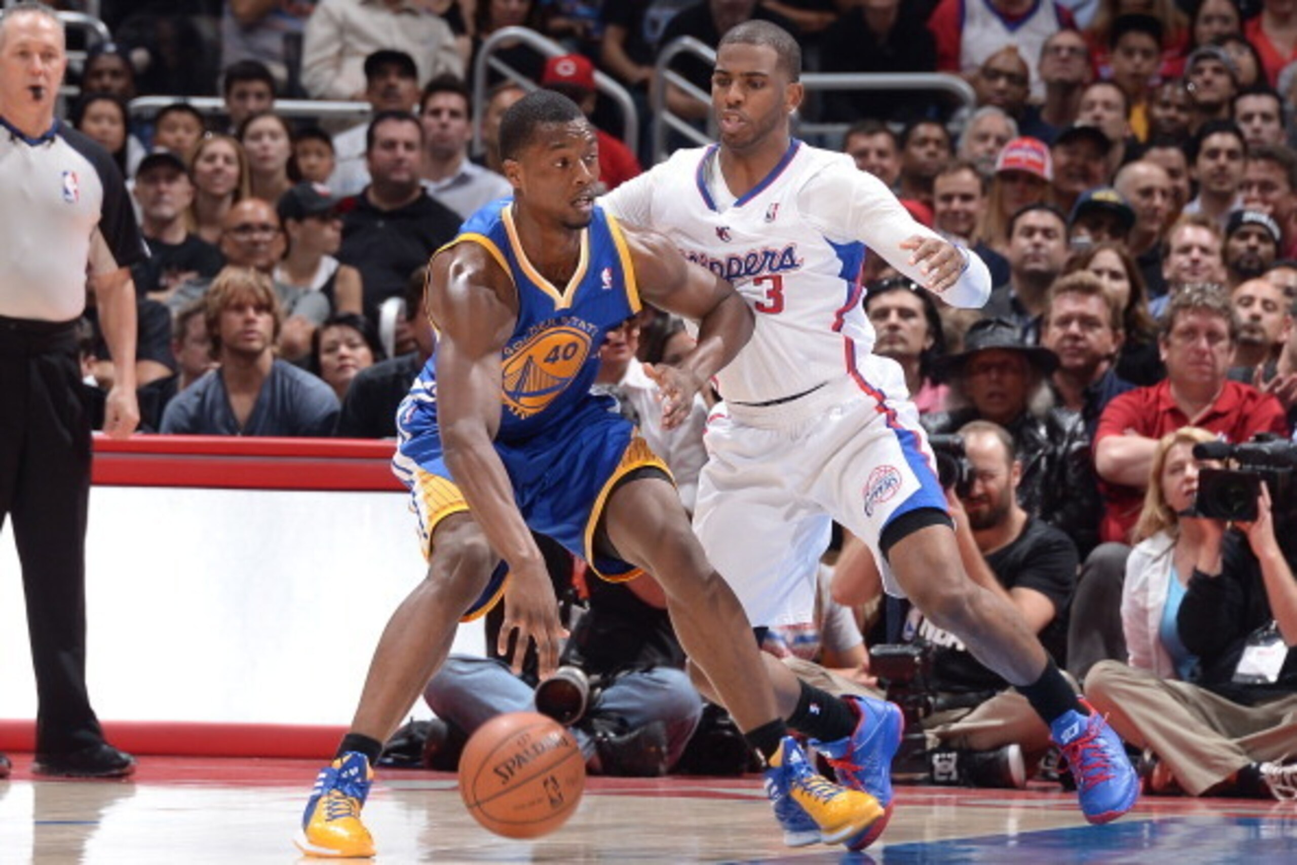 LOS ANGELES, CA - APRIL 29: Harrison Barnes #40 of the Golden State Warriors handles the ball against the Los Angeles Clippers in Game Five of the Western Conference Quarterfinals at Staples Center on April 29, 2014 in Los Angeles, California. NOTE TO USE