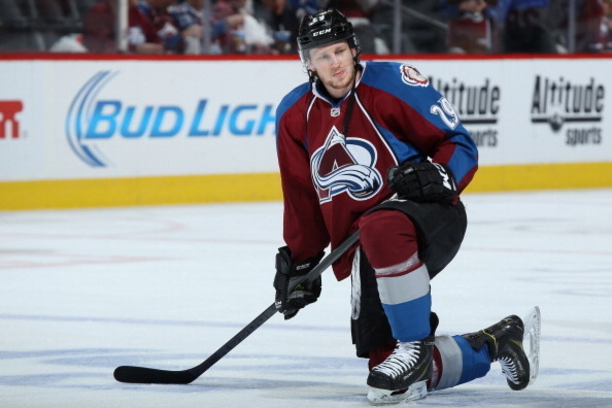 DENVER, CO - APRIL 26:  Nathan MacKinnon #29 of the Colorado Avalanche warms up prior to the game as he went on to score the game winning goal against the Minnesota Wild Game Five of the First Round of the 2014 NHL Stanley Cup Playoffs at Pepsi Center on 