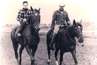Art Sherman (left) as test rider for Derby-winning Swaps in 1955.