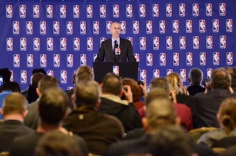NEW YORK - APRIL 29: NBA Commissioner Adam Silver speaks to the media regarding the investigation involving Los Angeles Clippers owner Donald Sterling on April 29, 2014 at the New York Hilton Midtown in New York City. NOTE TO USER: User expressly acknowle