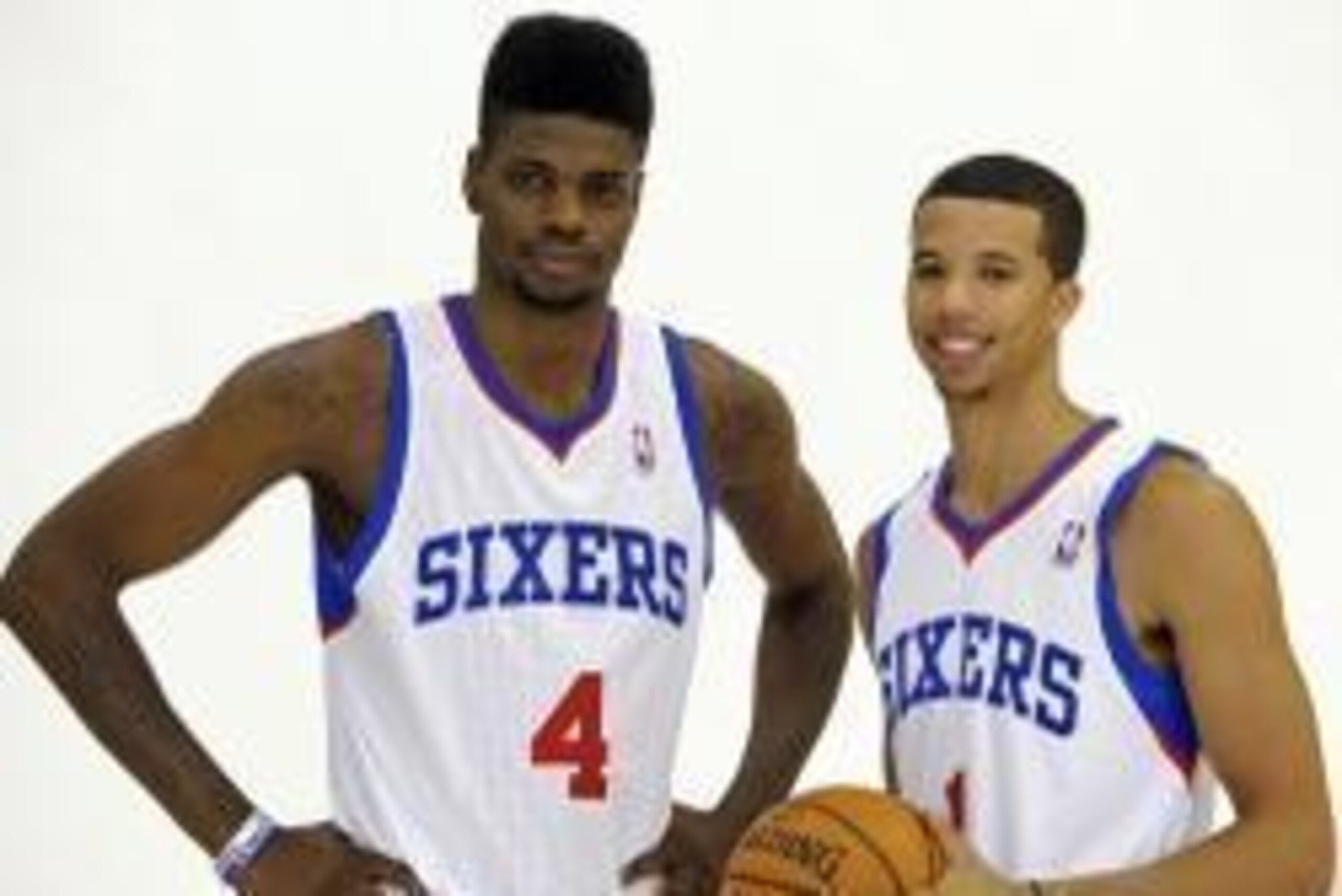 Sep 27, 2013; Philadelphia, PA, USA;  Philadelphia 76ers center Nerlens Noel (4) and point guard Michael Carter-Williams (1) during a media day photo shoot at Philadelphia College of Osteopathic Medicine. Mandatory Credit: Eric Hartline-USA TODAY Sports