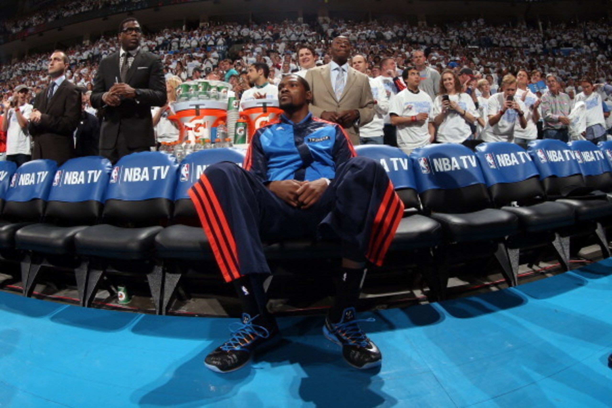 OKLAHOMA CITY, OK - APRIL 29: Kevin Durant #35 of the Oklahoma City Thunder looks on against the Memphis Grizzlies. In Game Five of the Western Conference Quarterfinals of the NBA Playoffs at Chesapeake Energy Arena on April 29, 2014 in Oklahoma City, Okl OKLAHOMA CITY, OK - APRIL 29: Kevin Durant #35 of the Oklahoma City Thunder looks on against the Memphis Grizzlies. In Game Five of the Western Conference Quarterfinals of the NBA Playoffs at Chesapeake Energy Arena on April 29, 2014 in Oklahoma City, Okl