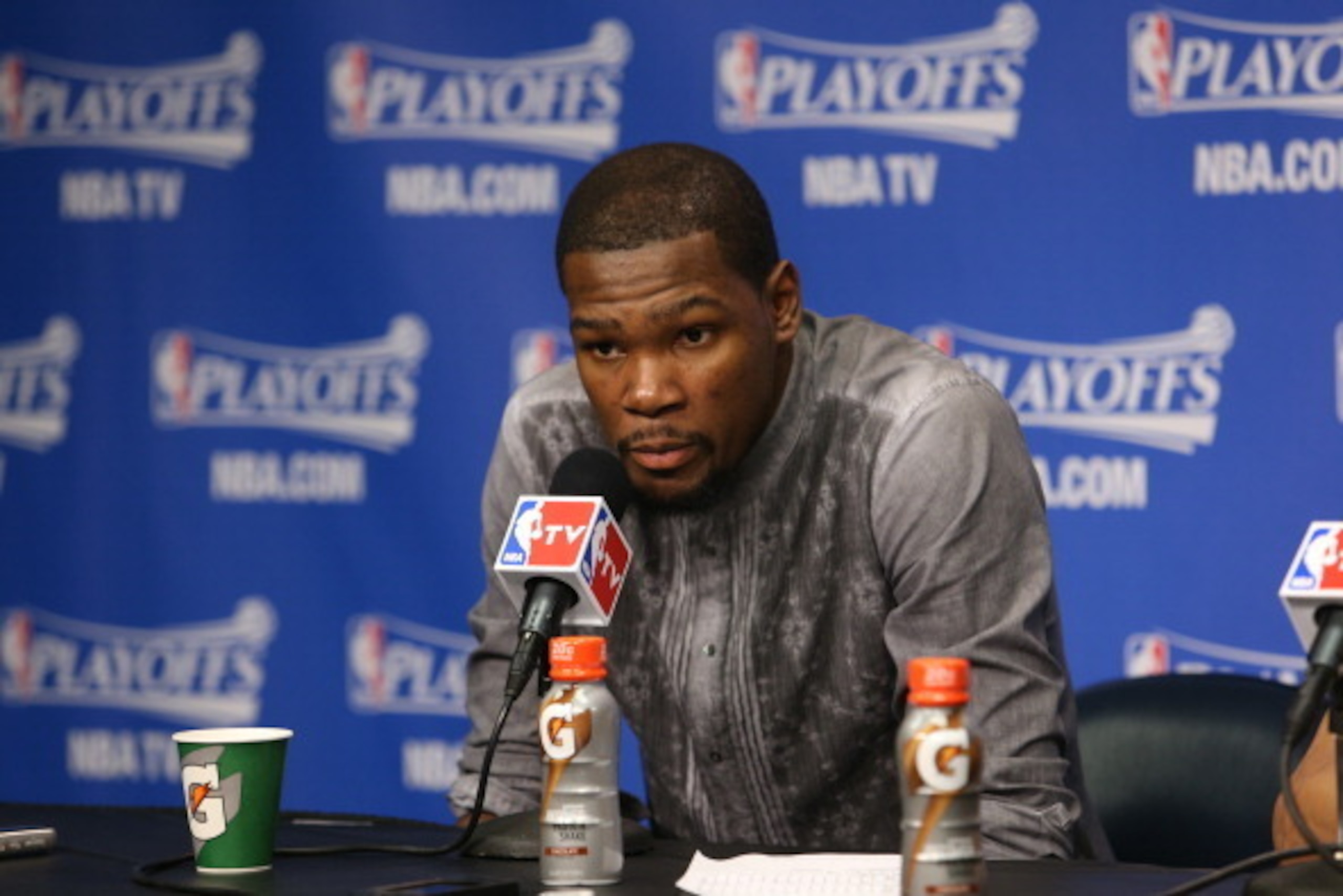 MEMPHIS, TN - APRIL 24: Kevin Durant #35 of the Oklahoma City Thunder addresses the media after Game Three of the Western Conference Quarterfinals against the Memphis Grizzlies during the 2014 NBA Playoffs on April 24, 2014 at FedExForum in Memphis, Tenne MEMPHIS, TN - APRIL 24: Kevin Durant #35 of the Oklahoma City Thunder addresses the media after Game Three of the Western Conference Quarterfinals against the Memphis Grizzlies during the 2014 NBA Playoffs on April 24, 2014 at FedExForum in Memphis, Tenne