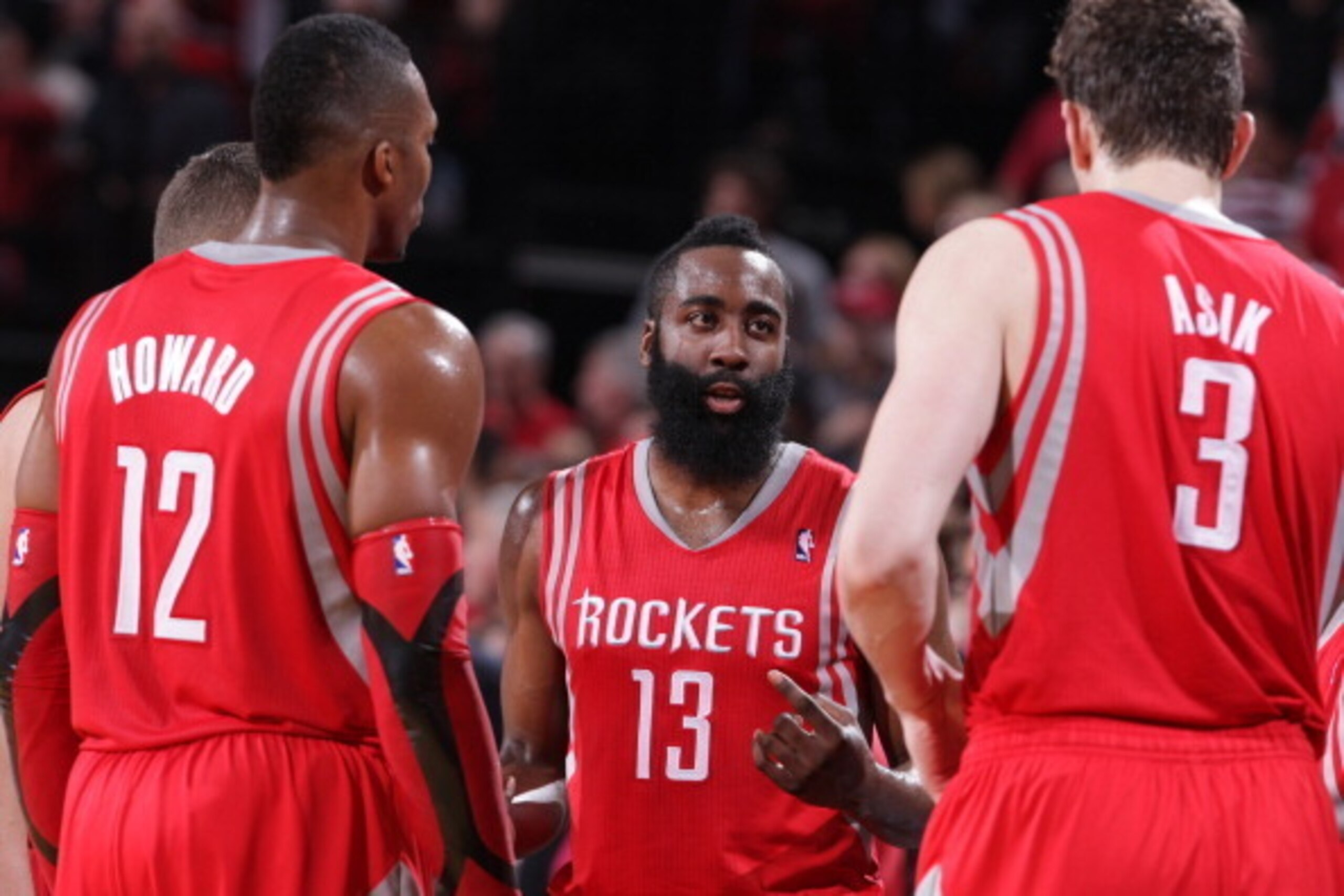 PORTLAND, OR - APRIL 25:  James Harden #13 of the Houston Rockets huddles the team up against the Portland Trail Blazers in Game Three of the Western Conference Quarterfinals during the 2014 NBA Playoffs on April 25, 2014 at the Moda Center in Portland, O