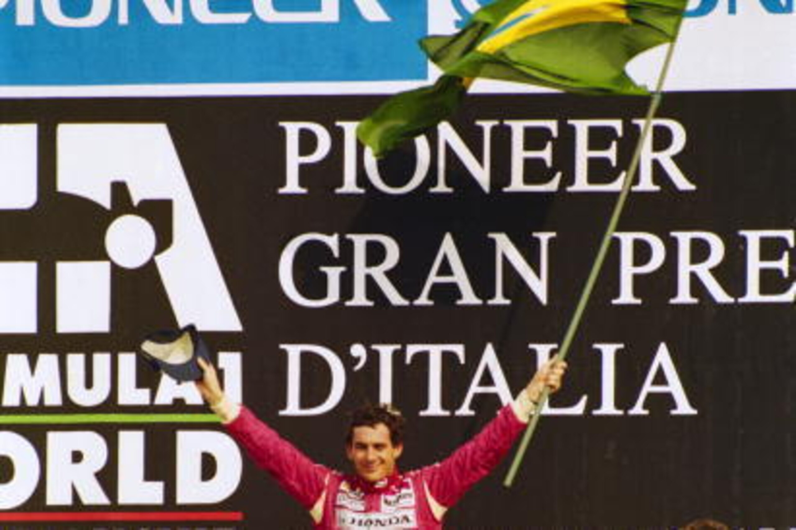 MONZA - SEPTEMBER 13:  First placed and race winner McLaren-Honda driver Ayrton Senna of Brazil celebrates on the podium during the Italian Formula One Grand Prix held on September 13, 1992 at the Autodromo Nazionale di Monza, in Monza, Italy. (Photo by J