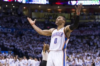 OKLAHOMA CITY, OK - April 29, 2014:  Russell Westbrook #0 of the Oklahoma City Thunder drives to the basket against the Memphis Grizzlies in Game 5 of the Western Conference Quarterfinals during the 2014 NBA Playoffs at the Chesapeake Arena on April 29, 2