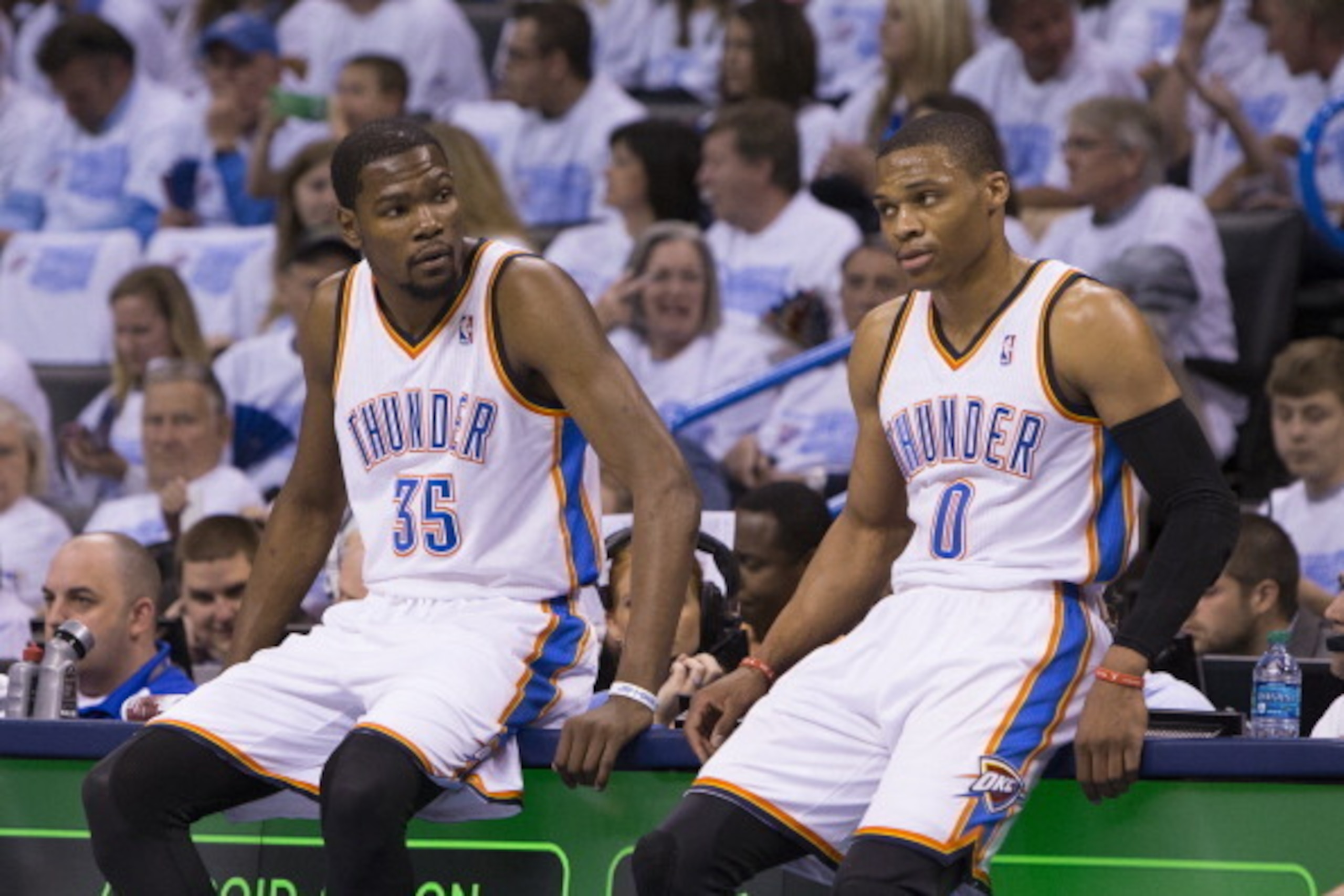 OKLAHOMA CITY, OK - April 29, 2014:  (L-R) Kevin Durant #35 and Russell Westbrook #0 of the Oklahoma City Thunder during the game against the Memphis Grizzlies in Game 5 of the Western Conference Quarterfinals during the 2014 NBA Playoffs at the Chesapeak