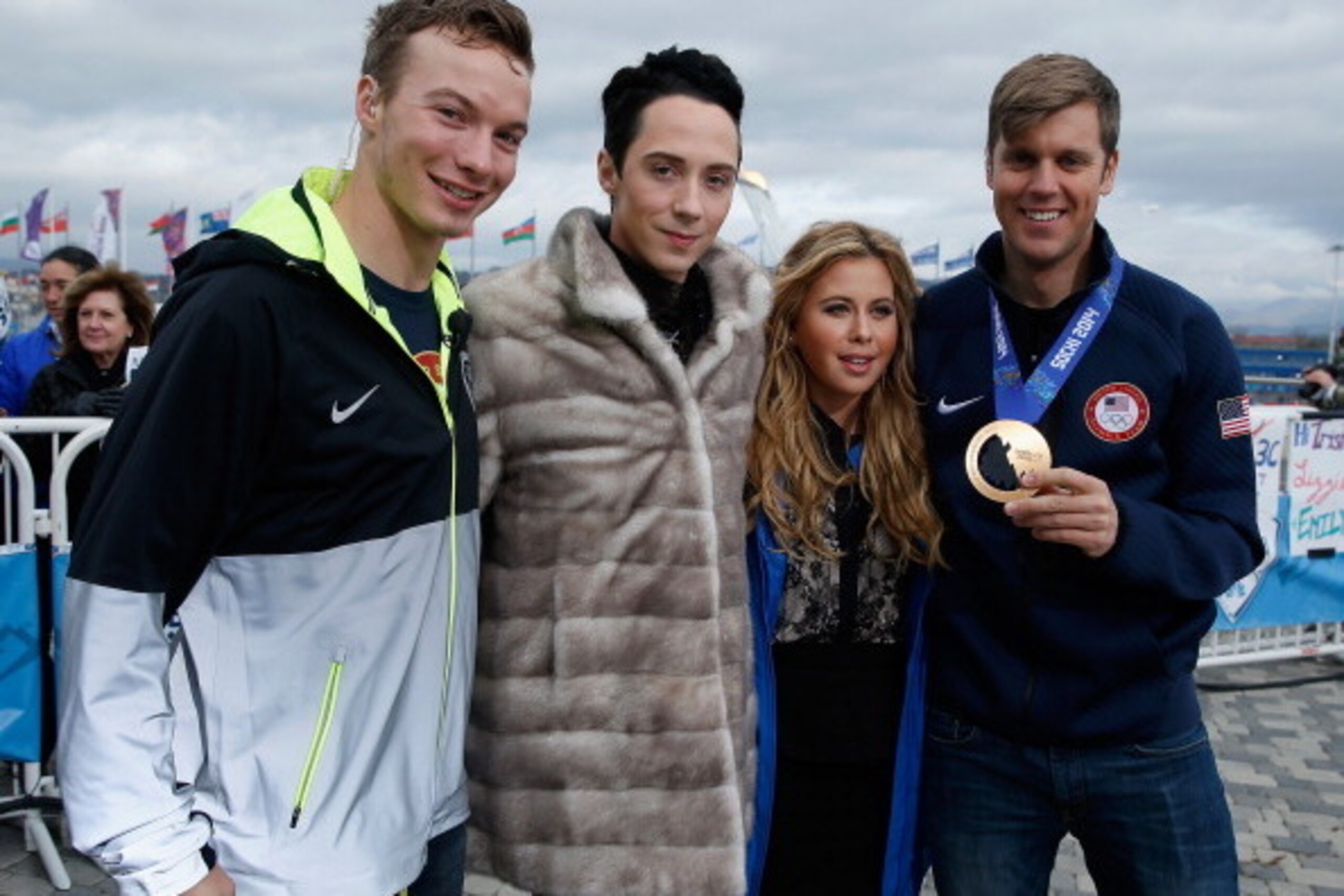 SOCHI, RUSSIA - FEBRUARY 19: (BROADCAST-OUT) (L-R) David Wise,Johnny Weir, Tara Lipinski and Alex Deibold pose in the Olympic Park during the Sochi 2014 Winter Olympics on February 19, 2014 in Sochi, Russia. (Photo by Scott Halleran/Getty Images) SOCHI, RUSSIA - FEBRUARY 19: (BROADCAST-OUT) (L-R) David Wise,Johnny Weir, Tara Lipinski and Alex Deibold pose in the Olympic Park during the Sochi 2014 Winter Olympics on February 19, 2014 in Sochi, Russia. (Photo by Scott Halleran/Getty Images)
