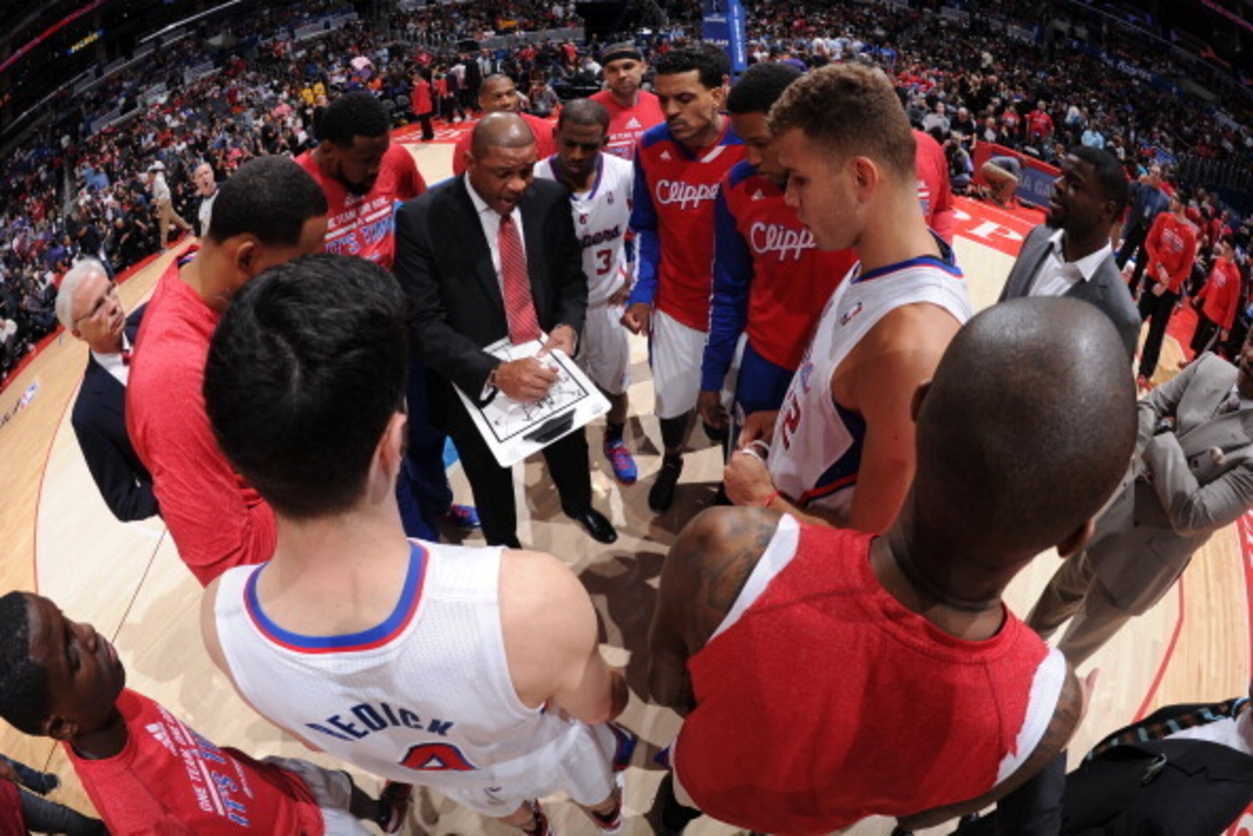 LOS ANGELES, CA - APRIL 29:  The Los Angeles Clippers huddle together against the Golden State Warriors in Game Five of the Western Conference Quarterfinals at Staples Center on April 29, 2014 in Los Angeles, California. NOTE TO USER: User expressly ackno