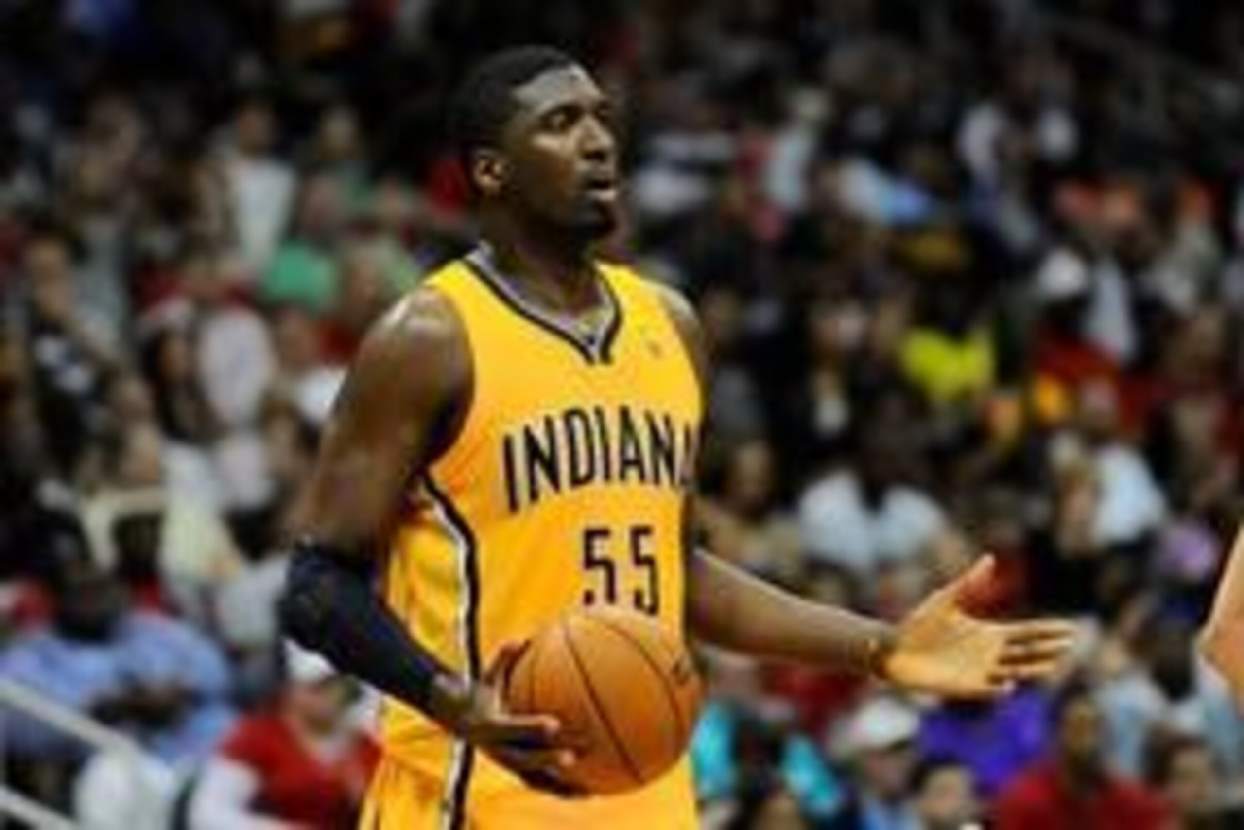 Apr 26, 2014; Atlanta, GA, USA; Indiana Pacers center Roy Hibbert (55) reacts to a play against the Atlanta Hawks during the second half in game four of the first round of the 2014 NBA Playoffs at Philips Arena. The Pacers defeated the Hawks 91-88. Mandat