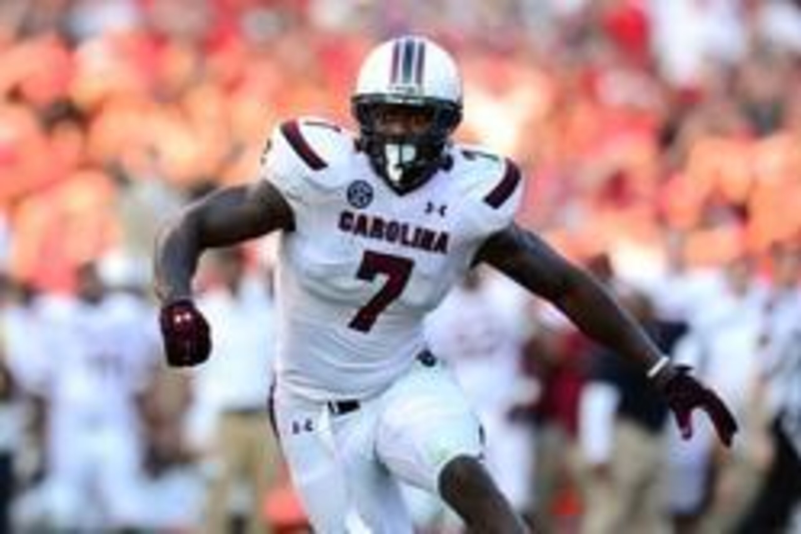 Sep 7, 2013; Athens, GA, USA; South Carolina Gamecocks defensive end Jadeveon Clowney (7) rushes the passer against the Georgia Bulldogs during the second half at Sanford Stadium. Georgia defeated South Carolina 41-30. Mandatory Credit: Dale Zanine-USA TO