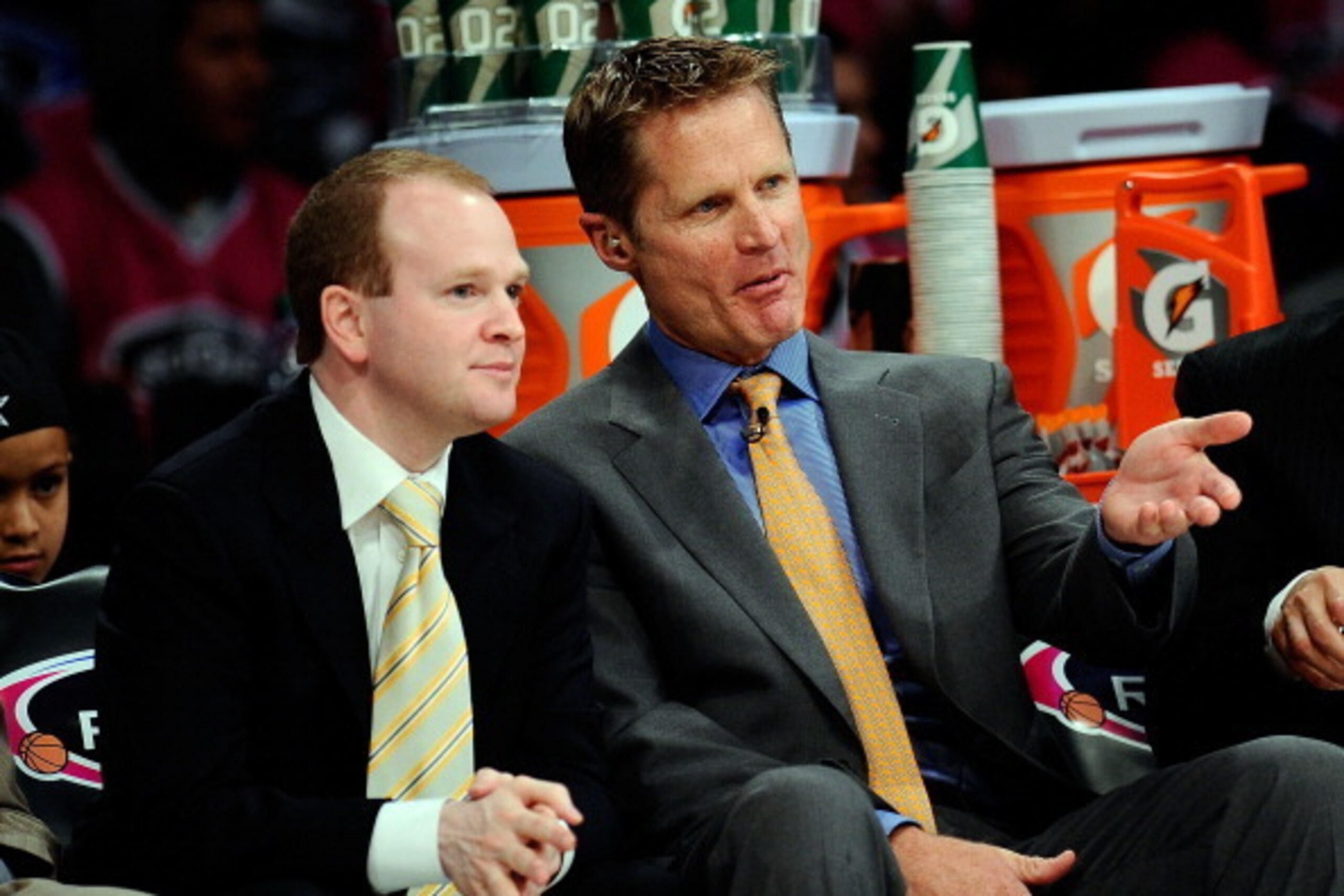 LOS ANGELES, CA - FEBRUARY 18:  Lawrence Frank of the Sophomore Team and assistant coach Steve Kerr talk on the bench during the T-Mobile Rookie Challenge and Youth Jam at Staples Center on February 18, 2011 in Los Angeles, California.  (Photo by Kevork D
