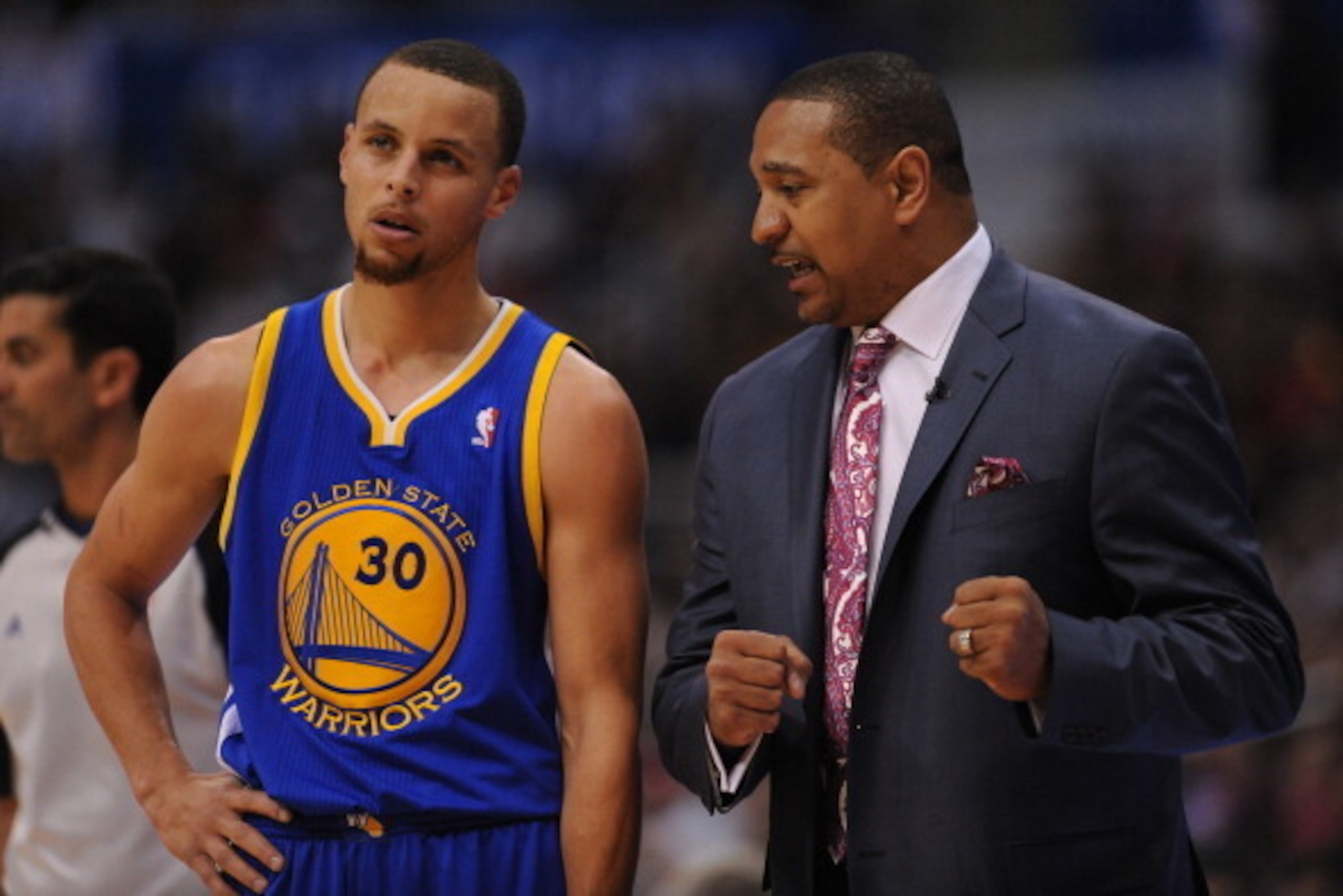 LOS ANGELES, CA - APRIL 29: Mark Jackson of the Golden State Warriors directs Stephen Curry #30 during Game Five of the Western Conference Quarterfinals against the Los Angeles Clippers at Staples Center on April 29, 2014 in Los Angeles, California. NOTE 