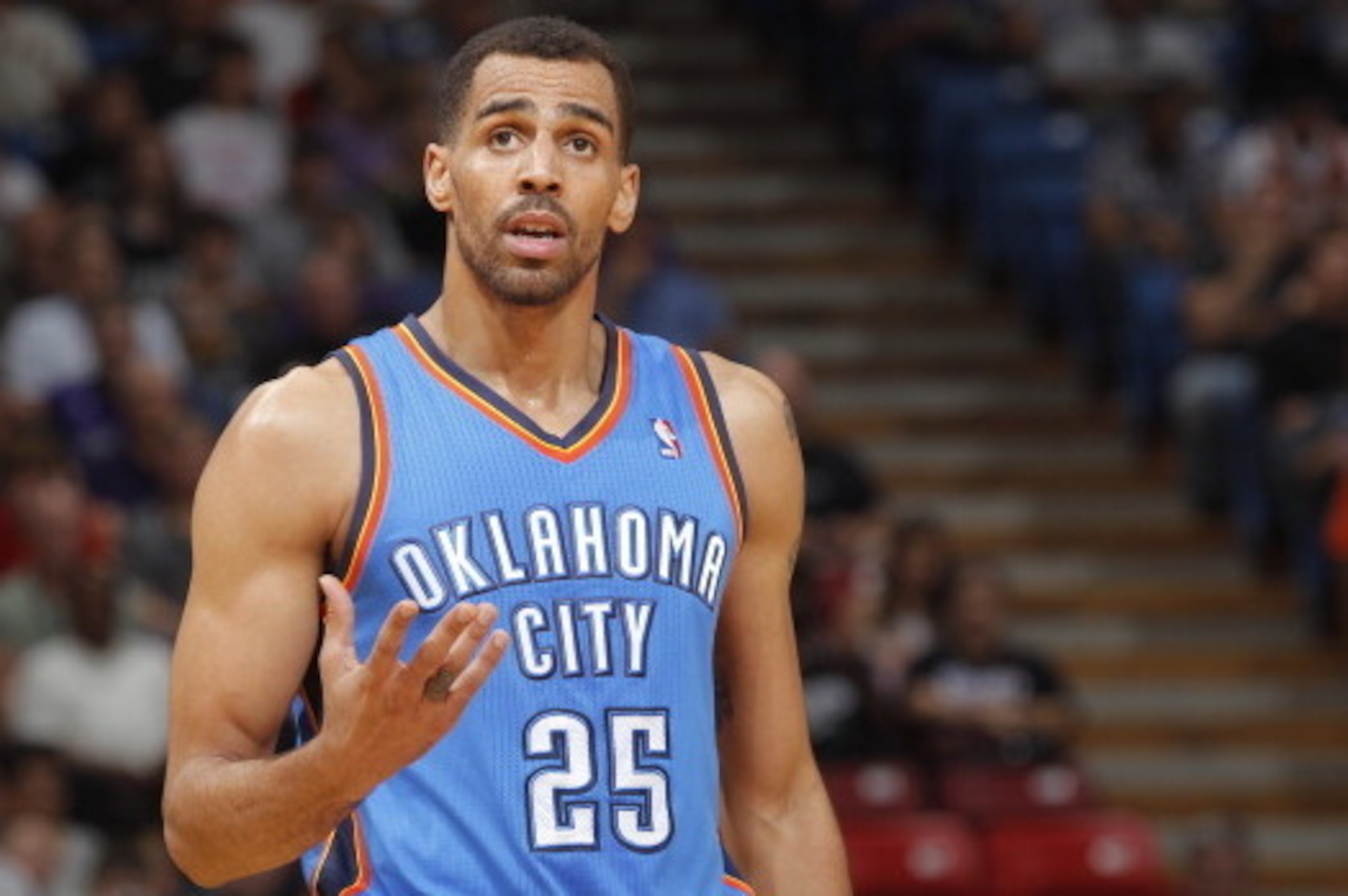 SACRAMENTO, CA - APRIL 8: Thabo Sefolosha #25 of the Oklahoma City Thunder in a game against the Sacramento Kings on April 8, 2014 at Sleep Train Arena in Sacramento, California. NOTE TO USER: User expressly acknowledges and agrees that, by downloading an