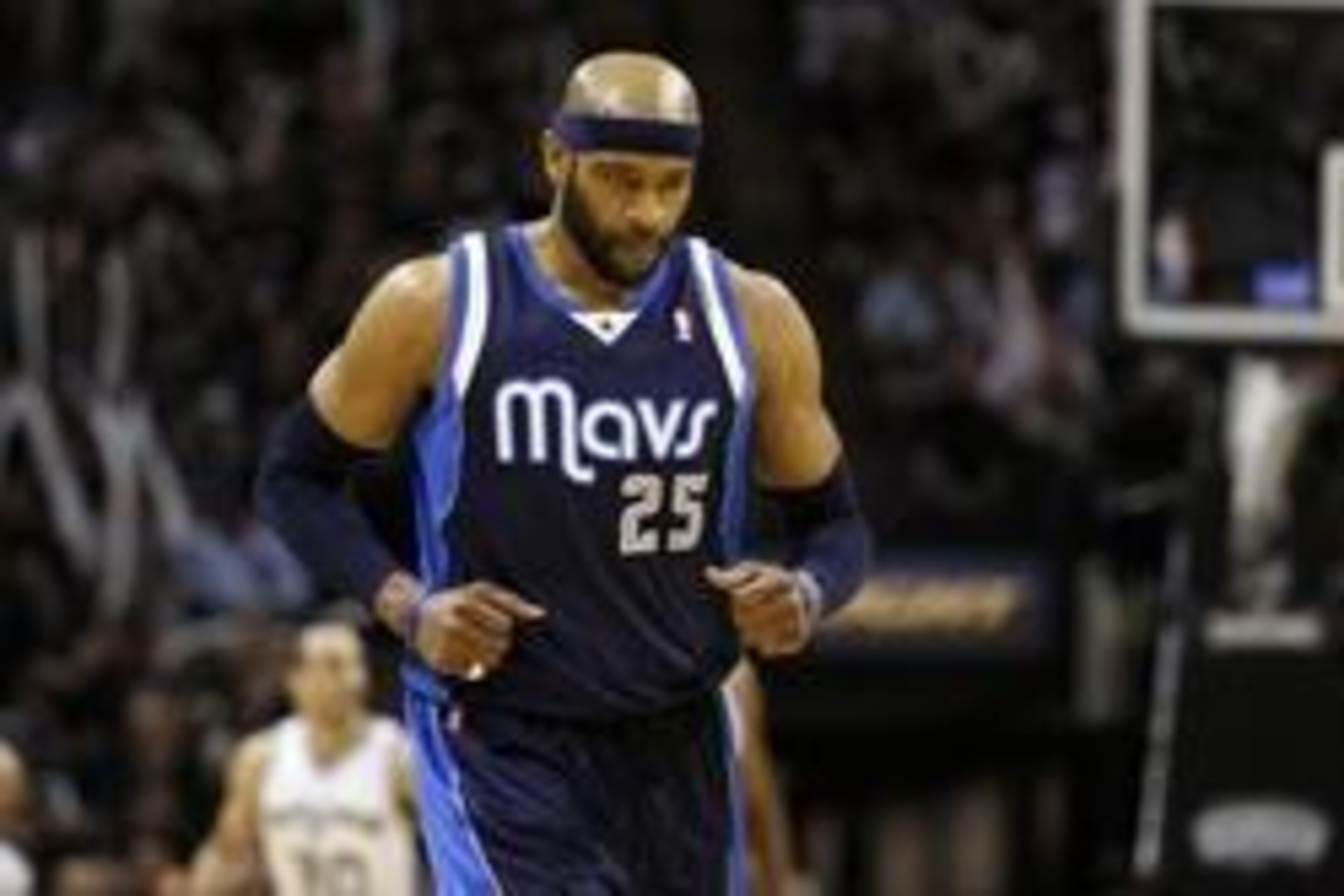 Apr 30, 2014; San Antonio, TX, USA; Dallas Mavericks guard Vince Carter (25) reacts after a shot against against the San Antonio Spurs in game five of the first round of the 2014 NBA Playoffs at AT&T Center. The Spurs won 109-103. Mandatory Credit: Soobum