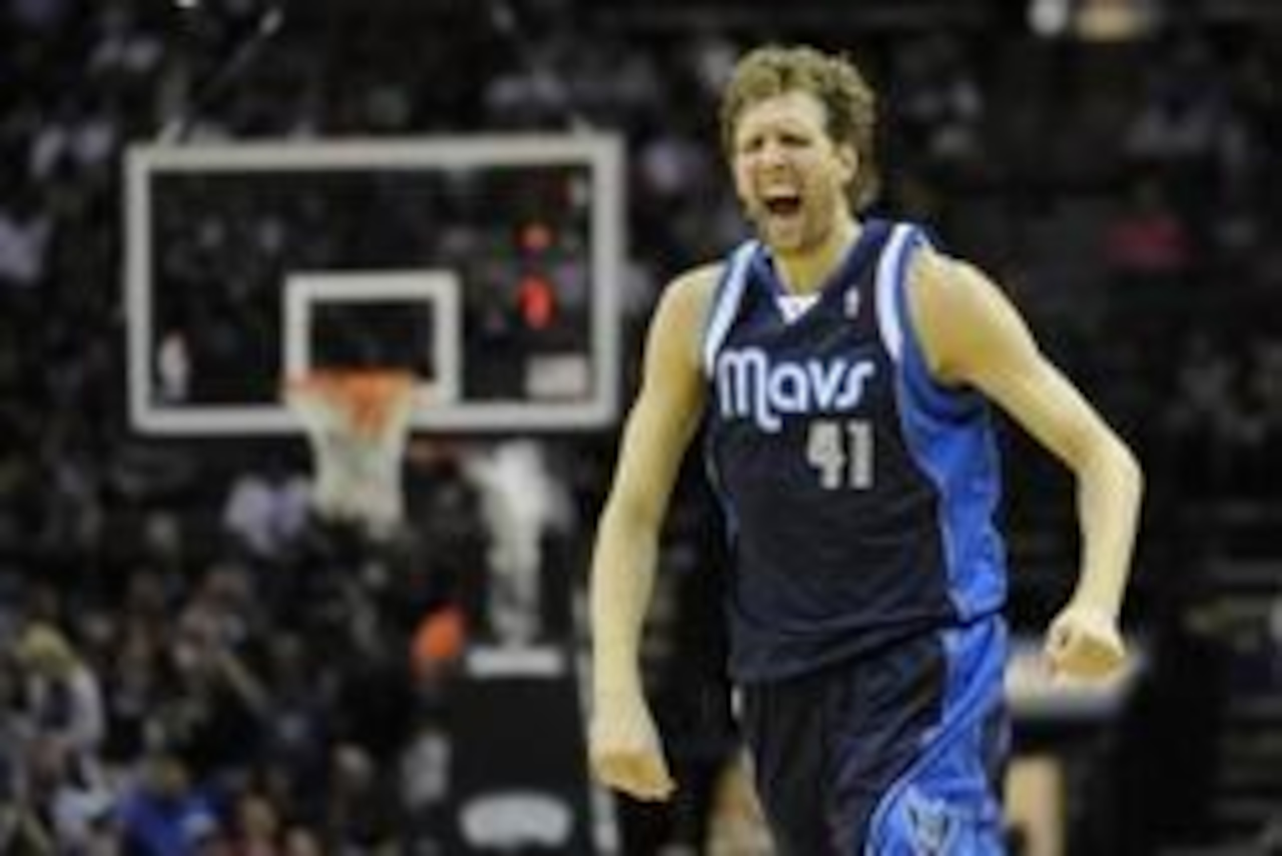 Apr 30, 2014; San Antonio, TX, USA; Dallas Mavericks forward Dirk Nowitzki (41) reacts against the San Antonio Spurs in game five of the first round of the 2014 NBA Playoffs at AT&T Center. Mandatory Credit: Brendan Maloney-USA TODAY Sports