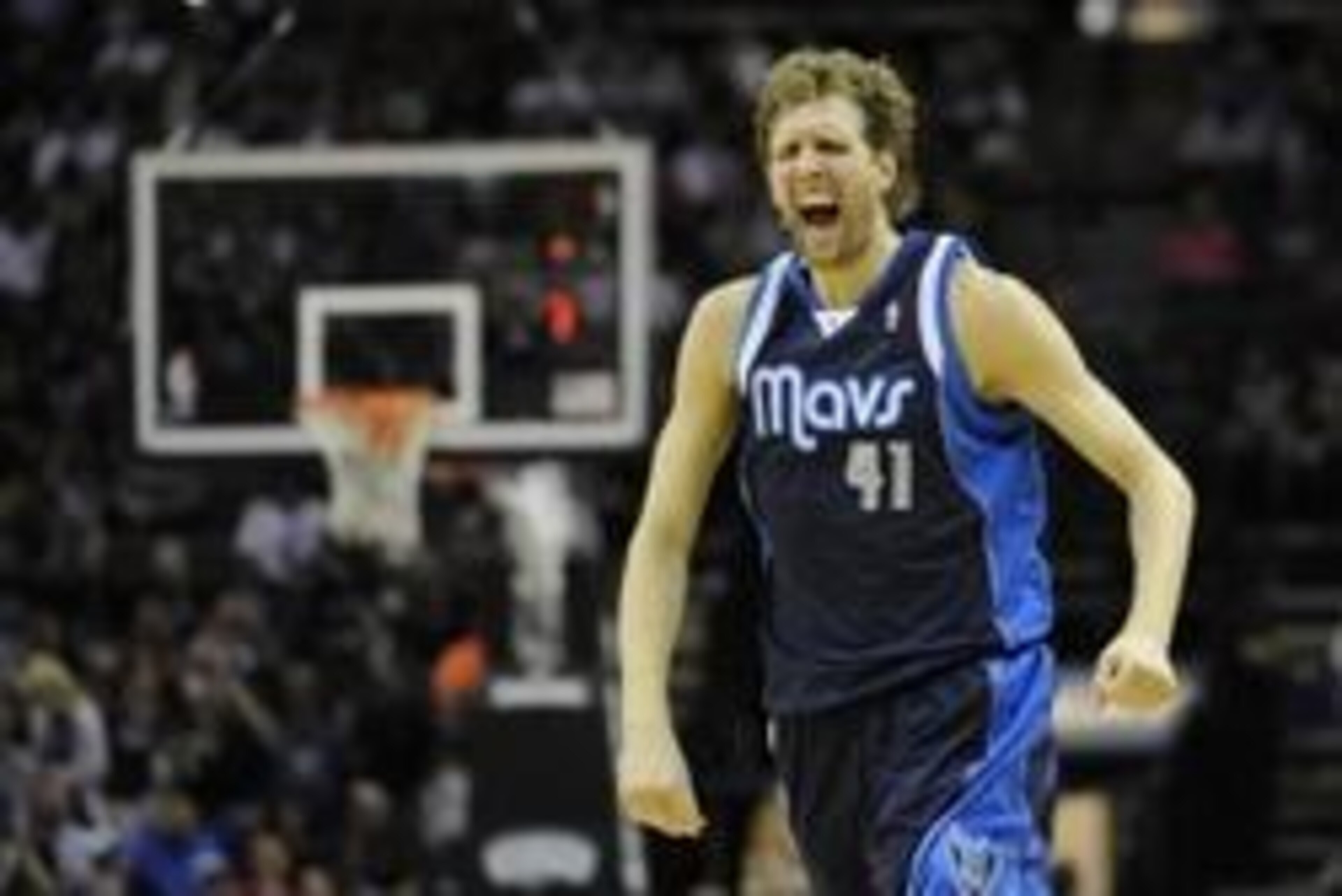 Apr 30, 2014; San Antonio, TX, USA; Dallas Mavericks forward Dirk Nowitzki (41) reacts against the San Antonio Spurs in game five of the first round of the 2014 NBA Playoffs at AT&T Center. Mandatory Credit: Brendan Maloney-USA TODAY Sports