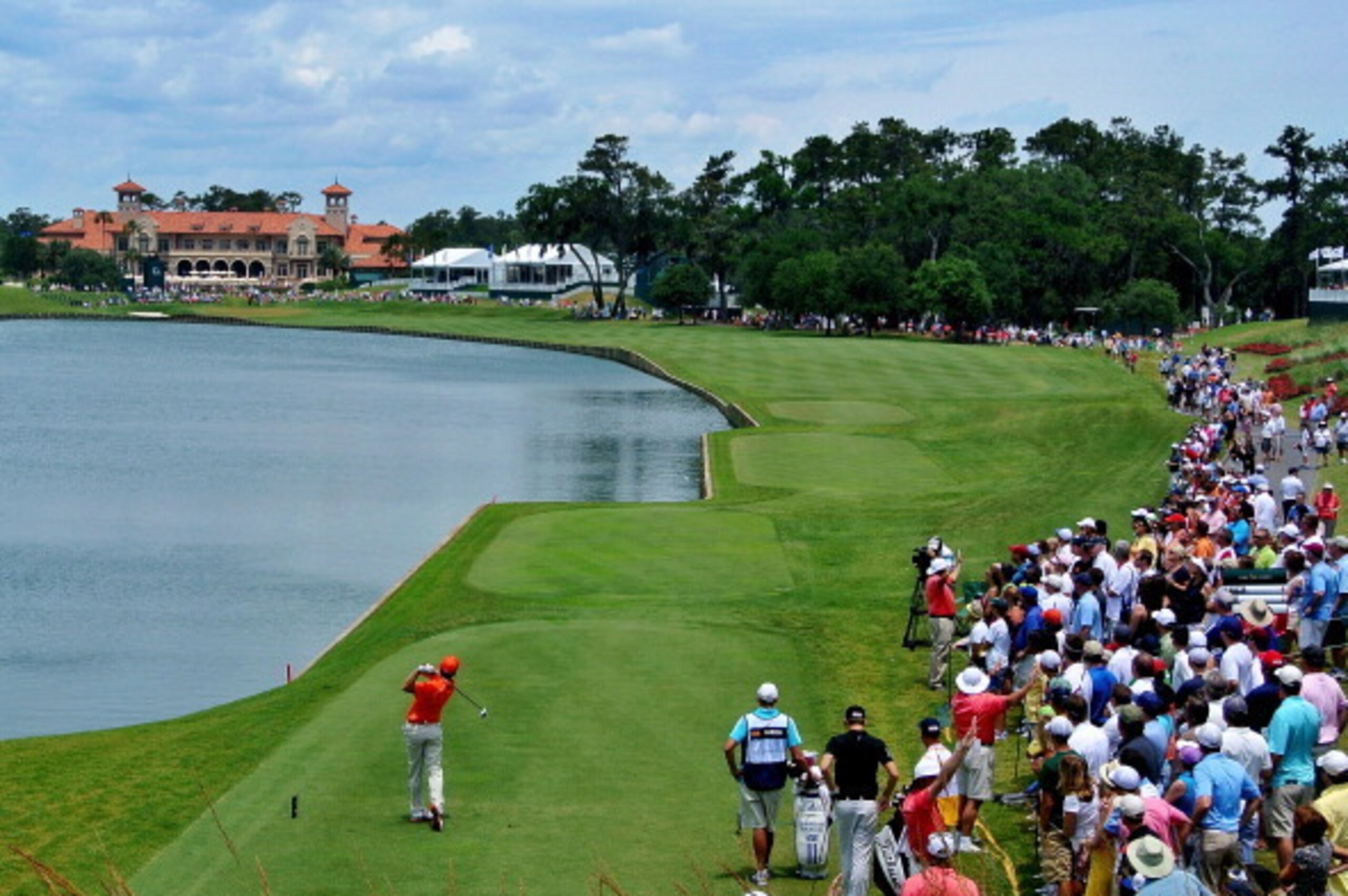 PONTE VEDRA BEACH, FL - MAY 12: Sergio Garcia of Spain hits his tee shot on the 18th hole during the third round of THE PLAYERS Championship held at THE PLAYERS Stadium course at TPC Sawgrass on May 12, 2012 in Ponte Vedra Beach, Florida.  (Photo by David
