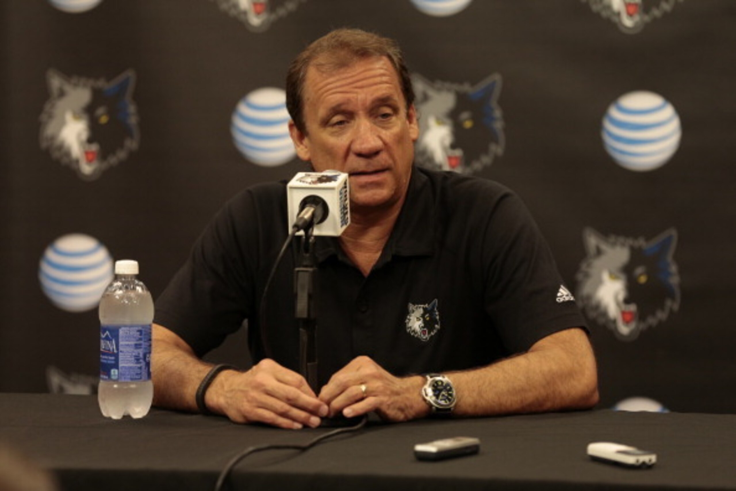 MINNEAPOLIS, MN - AUGUST 12: Phil 'Flip' Saunders, President of Basketball Operations of the Minnesota Timberwolves introduces newly acquired Kevin Martin to the media by on August 8, 2013 at Target Center in Minneapolis, Minnesota. NOTE TO USER: User e MINNEAPOLIS, MN - AUGUST 12: Phil 'Flip' Saunders, President of Basketball Operations of the Minnesota Timberwolves introduces newly acquired Kevin Martin to the media by on August 8, 2013 at Target Center in Minneapolis, Minnesota. NOTE TO USER: User e