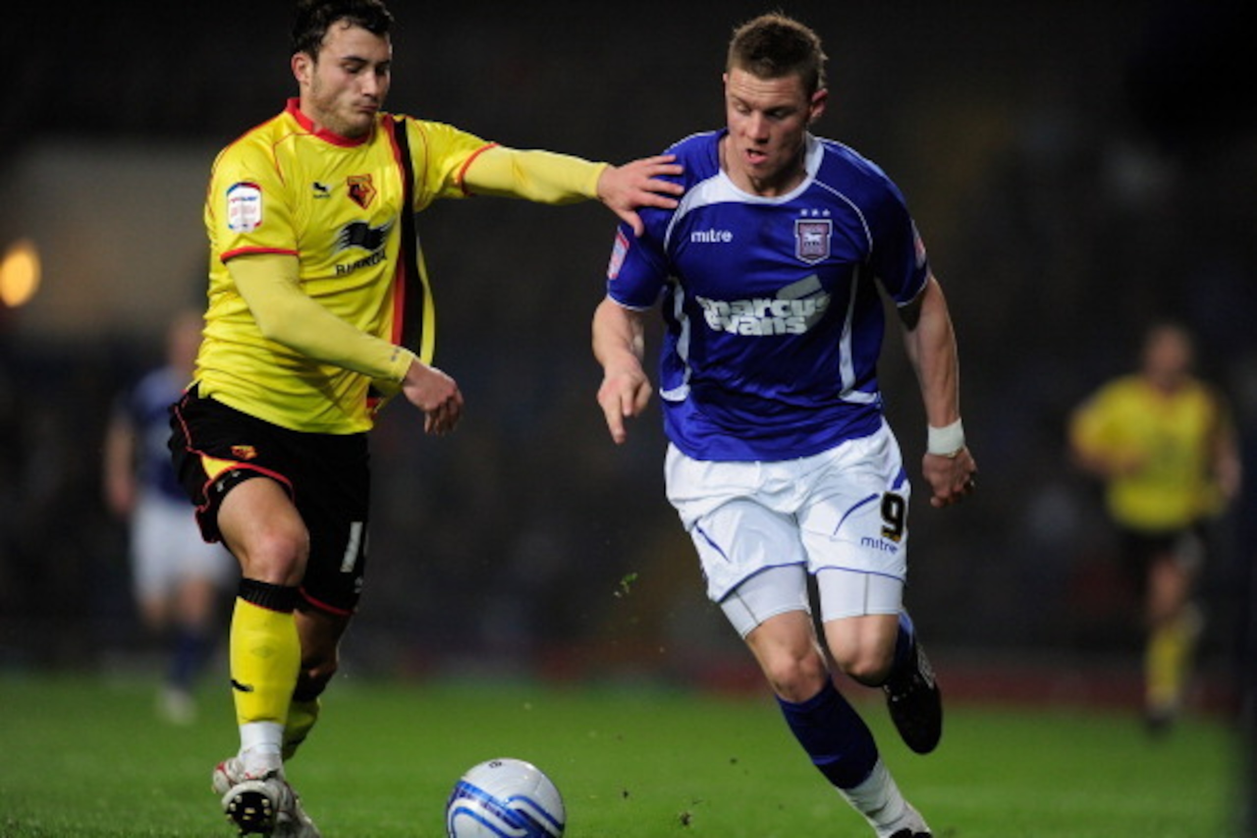 IPSWICH, ENGLAND - MARCH 15:  Connor Wickham of Ipswich Town battles with Will Buckley of Watford during the npower Championship match between Ipswich Town and Watford at Portman Road on March 15, 2011 in Ipswich, England.  (Photo by Jamie McDonald/Getty 