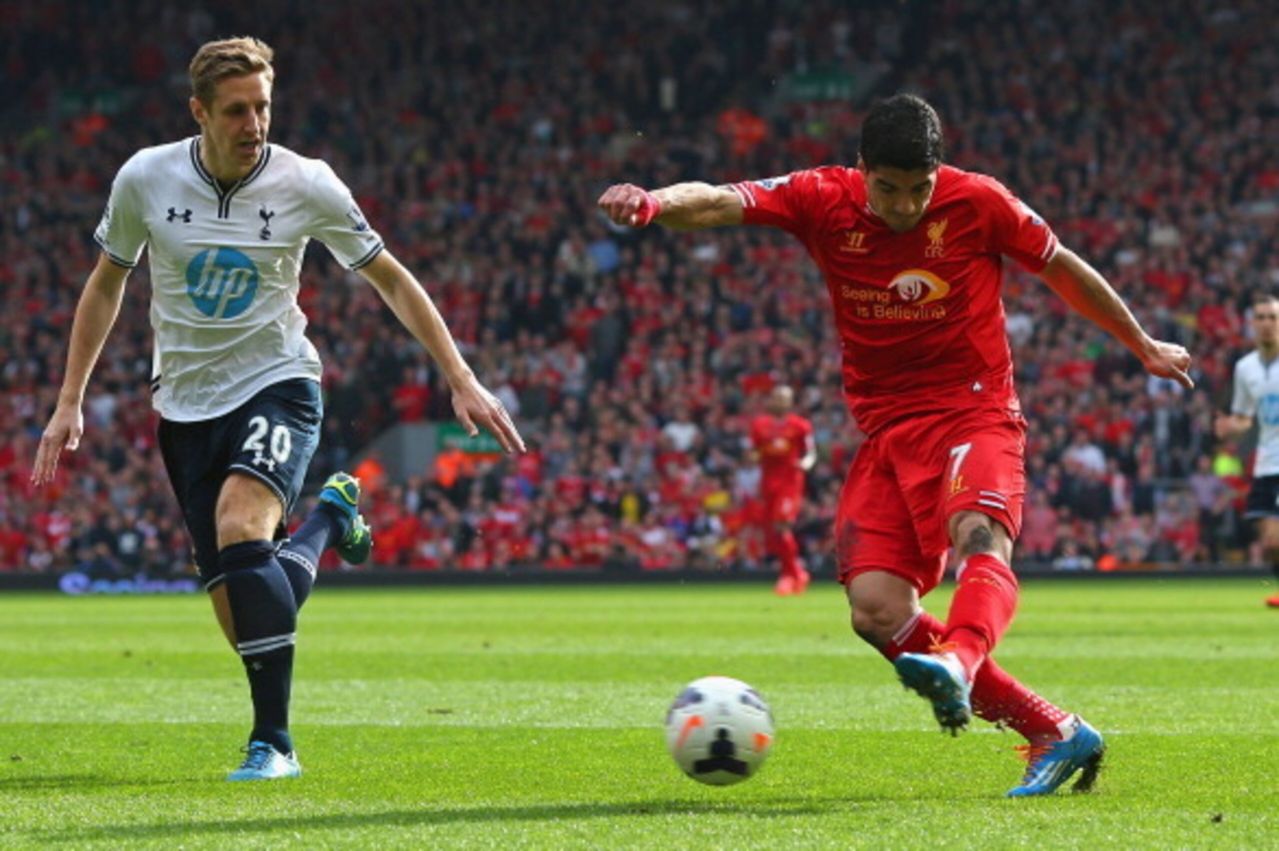 LIVERPOOL, ENGLAND - MARCH 30: Luis Suarez of Liverpool scores the second goal during the Barclays Premier League match between Liverpool and Tottenham Hotspur at Anfield on March 30, 2014 in Liverpool, England. (Photo by Alex Livesey/Getty Images) LIVERPOOL, ENGLAND - MARCH 30: Luis Suarez of Liverpool scores the second goal during the Barclays Premier League match between Liverpool and Tottenham Hotspur at Anfield on March 30, 2014 in Liverpool, England. (Photo by Alex Livesey/Getty Images)