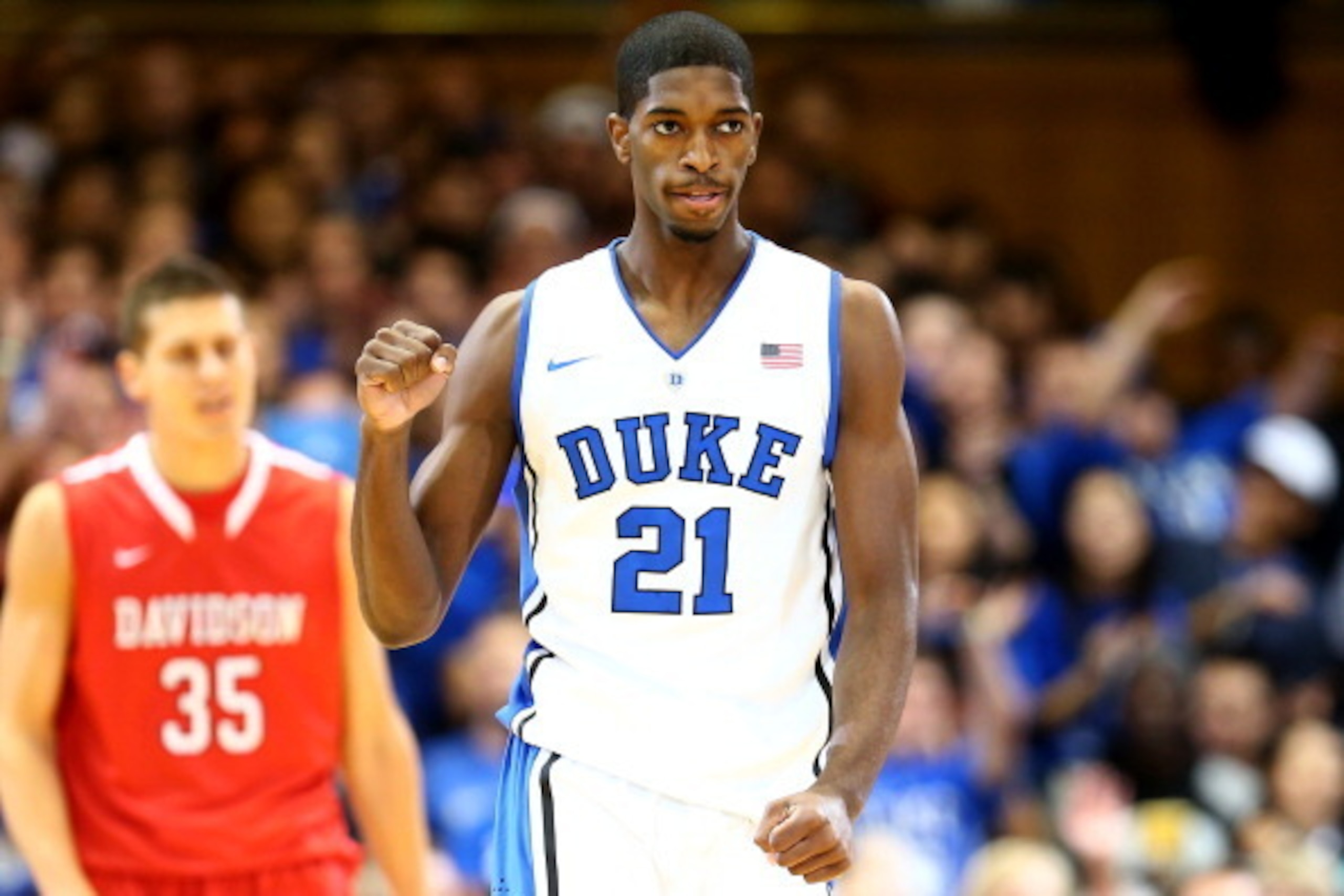 DURHAM, NC - NOVEMBER 08:  Amile Jefferson #21 of the Duke Blue Devils during their game at Cameron Indoor Stadium on November 8, 2013 in Durham, North Carolina.  (Photo by Streeter Lecka/Getty Images)