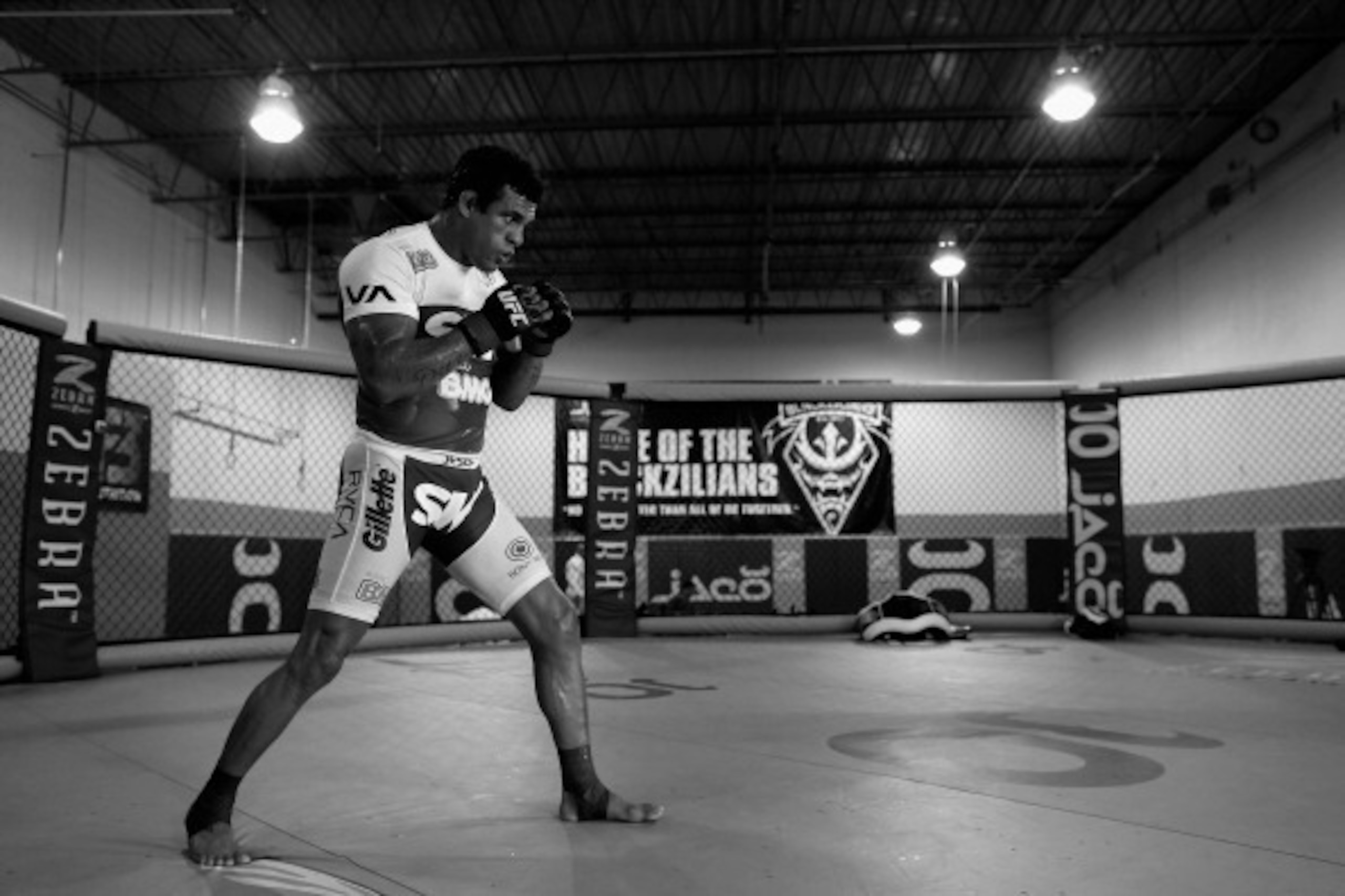 DELRAY BEACH, FL - SEPTEMBER 17:  (EDITORS NOTE: Image has been converted to black and white.) Vitor Belfort conducts a workout at the Jaco Hybrid Training Center on September 17, 2012 in Delray Beach, Florida. Belfort will fight Jon Jones on September 22