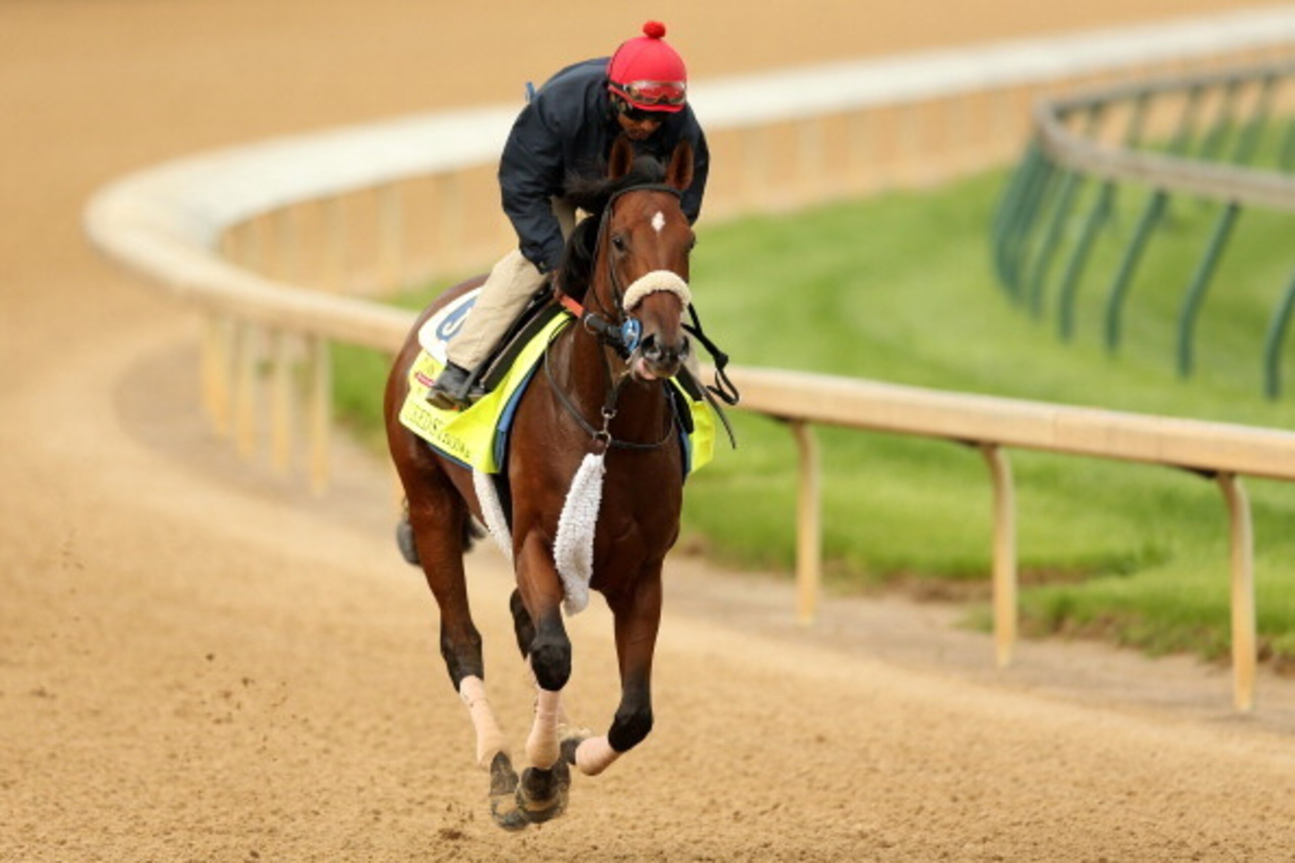 LOUISVILLE, KY - APRIL 29: Wicked Strong is ridden by Kelvin Pahal during the morning exercise session in preparation for the140th Kentucky Derby at Churchill Downs on April 29, 2014 in Louisville, Kentucky.  (Photo by Matthew Stockman/Getty Images)
