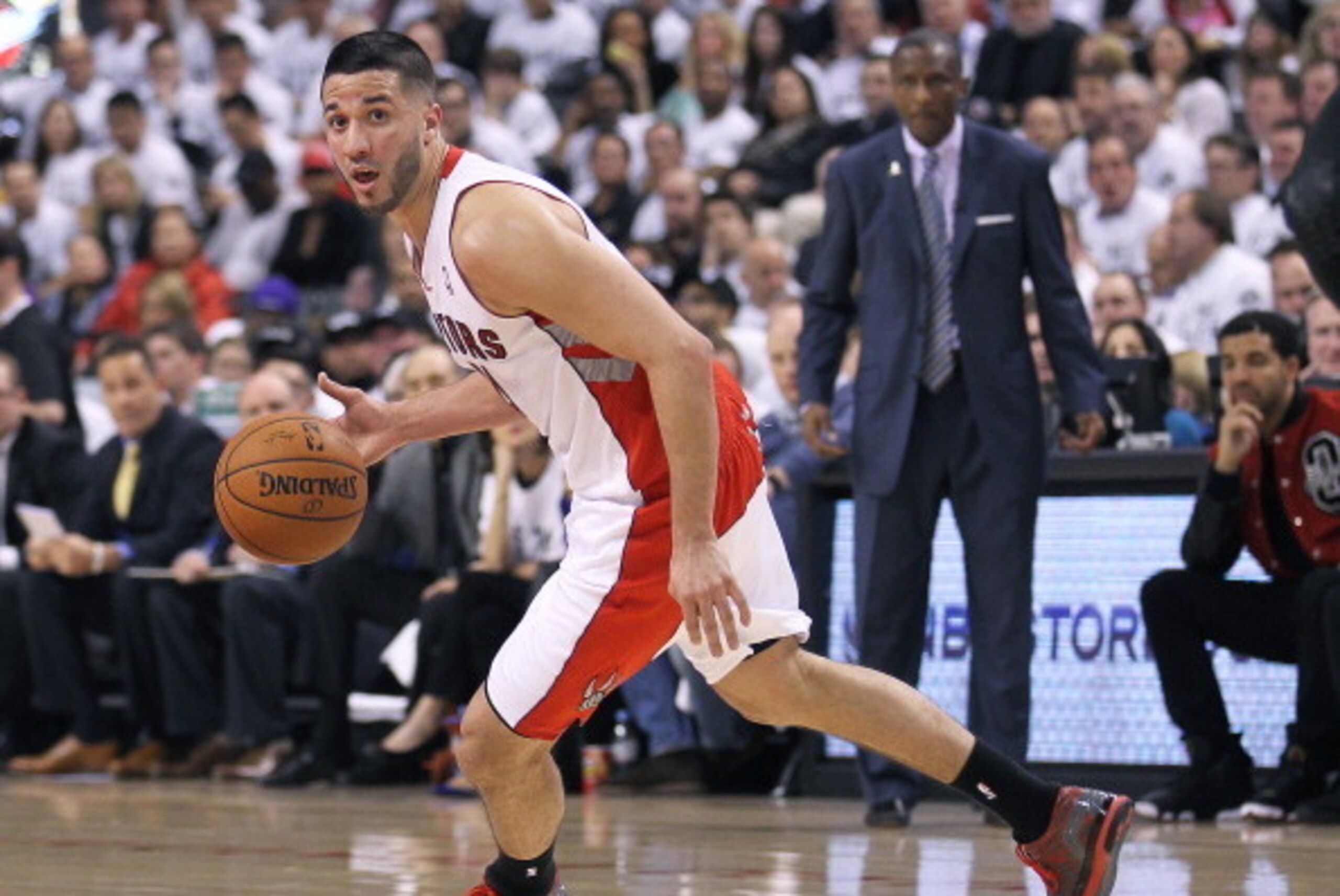 TORONTO, ON - APRIL 30:  Greivis Vasquez #21 of the Toronto Raptors plays against the Brooklyn Nets in Game Five of the NBA Eastern Conference Quarterfinals at the Air Canada Centre on April 30, 2014 in Toronto, Ontario, Canada. The Raptors defeated the N