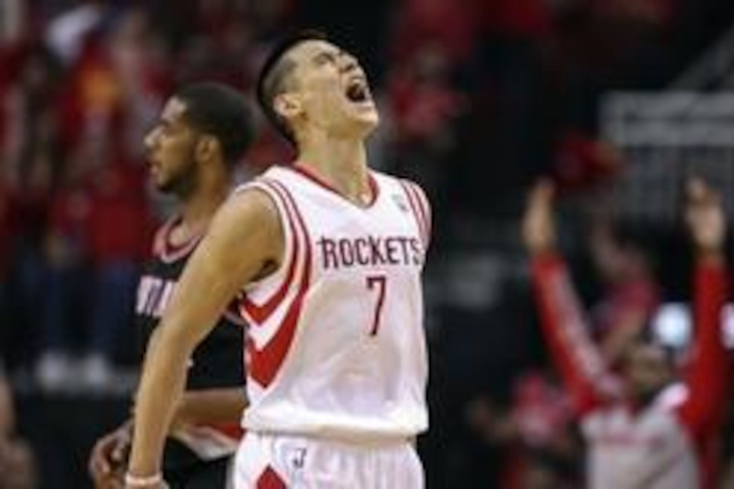 Apr 30, 2014; Houston, TX, USA; Houston Rockets guard Jeremy Lin (7) reacts after making a basket during the second quarter against the Portland Trail Blazers in game five of the first round of the 2014 NBA Playoffs at Toyota Center. Mandatory Credit: Tro