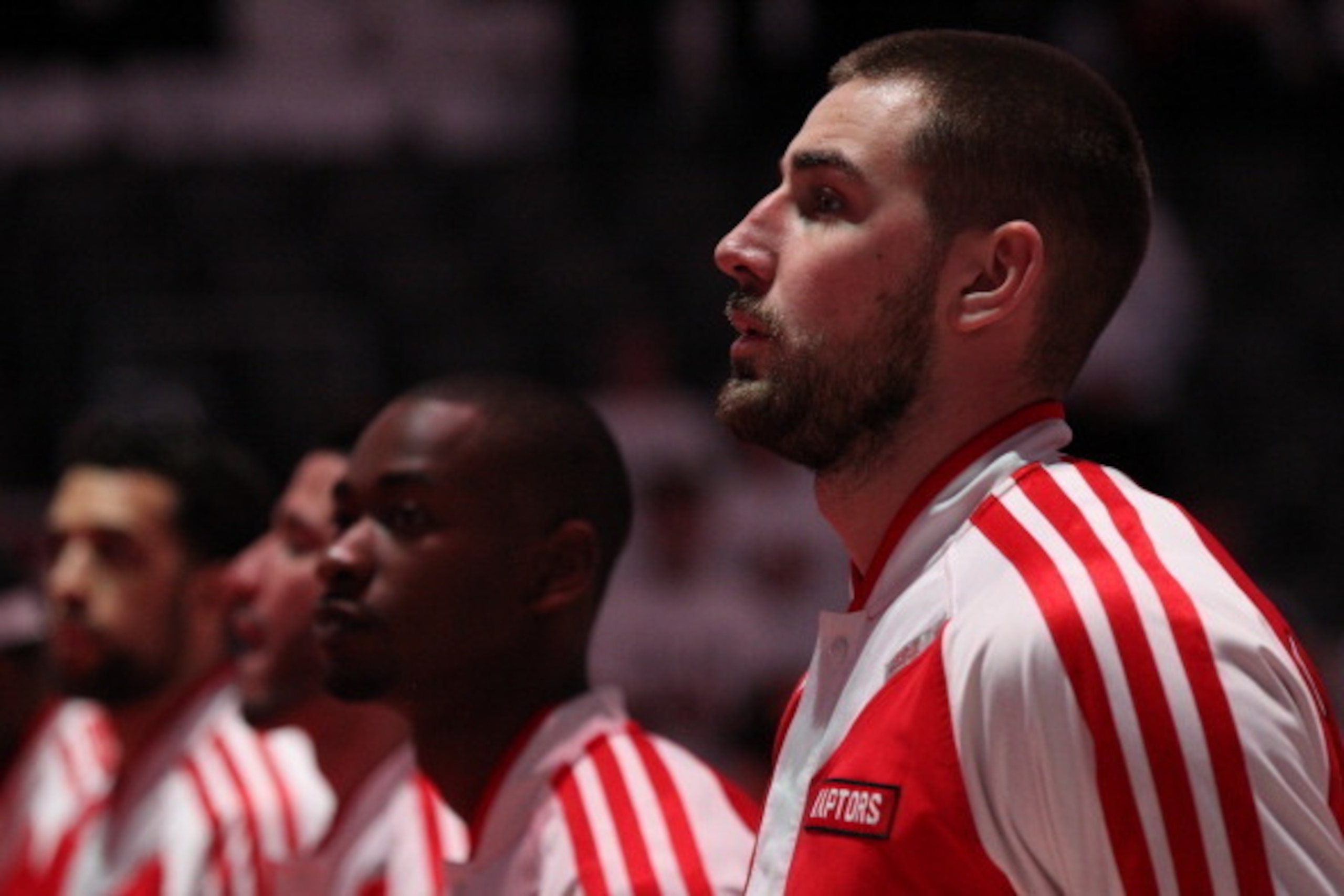 TORONTO,ON - APRIL 30: Jonas Valanciunas #17 of the Toronto Raptors looks on before Game Five of the Eastern Conference Quarterfinals against the Brooklyn Nets during the 2014 NBA Playoffs at the Air Canada Centre on April 30, 2014 in Toronto, Ontario, Ca