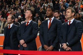 AMSTERDAM, NETHERLANDS - NOVEMBER 19:  The Netherlands coach Louis van Gaal and Patrick  Kluivert assitant coach prior to the friendly International match between the Netherlands and Colombia at the Amsterdam Arena on November 19, 2013 in Amsterdam, Nethe