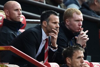 MANCHESTER, ENGLAND - APRIL 26:  Ryan Giggs of Manchester United looks on from the dug out during the Barclays Premier League match between Manchester United and Norwich City at Old Trafford on April 26, 2014 in Manchester, England.  (Photo by Laurence Gr