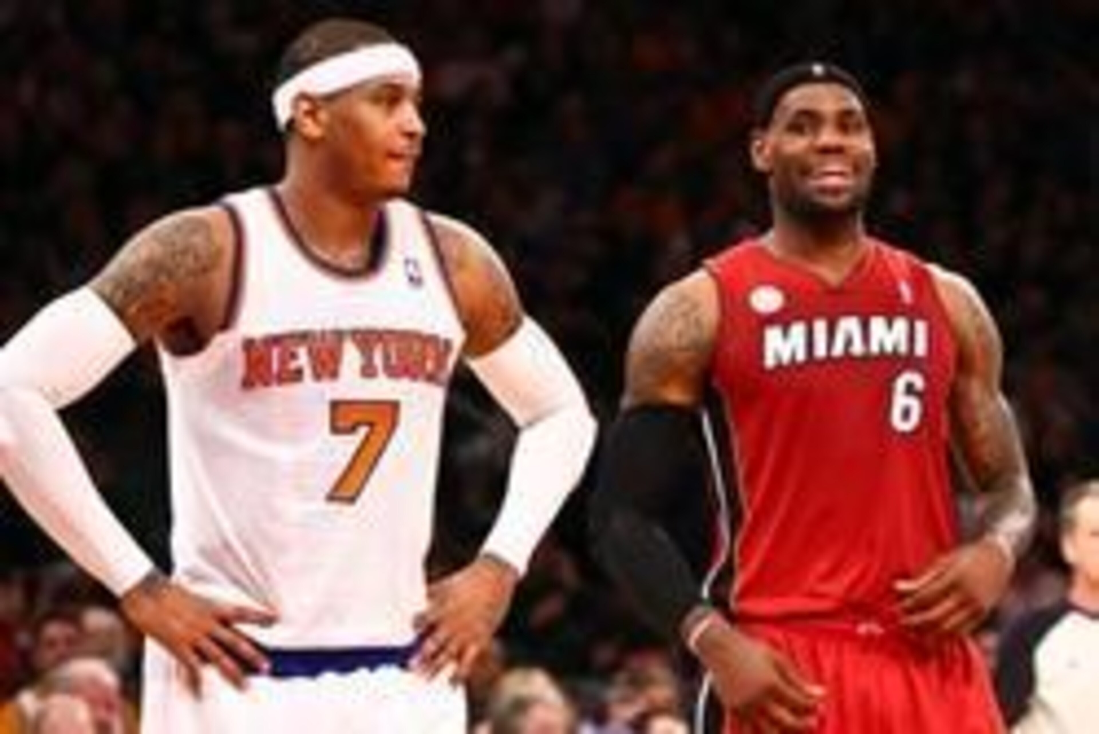 Mar. 3, 2013; New York, NY, USA; New York Knicks small forward Carmelo Anthony (7) and Miami Heat small forward LeBron James (6) wait for a rebound during the first half at Madison Square Garden. Miami won 99-93. Mandatory Credit: Debby Wong-USA TODAY Spo