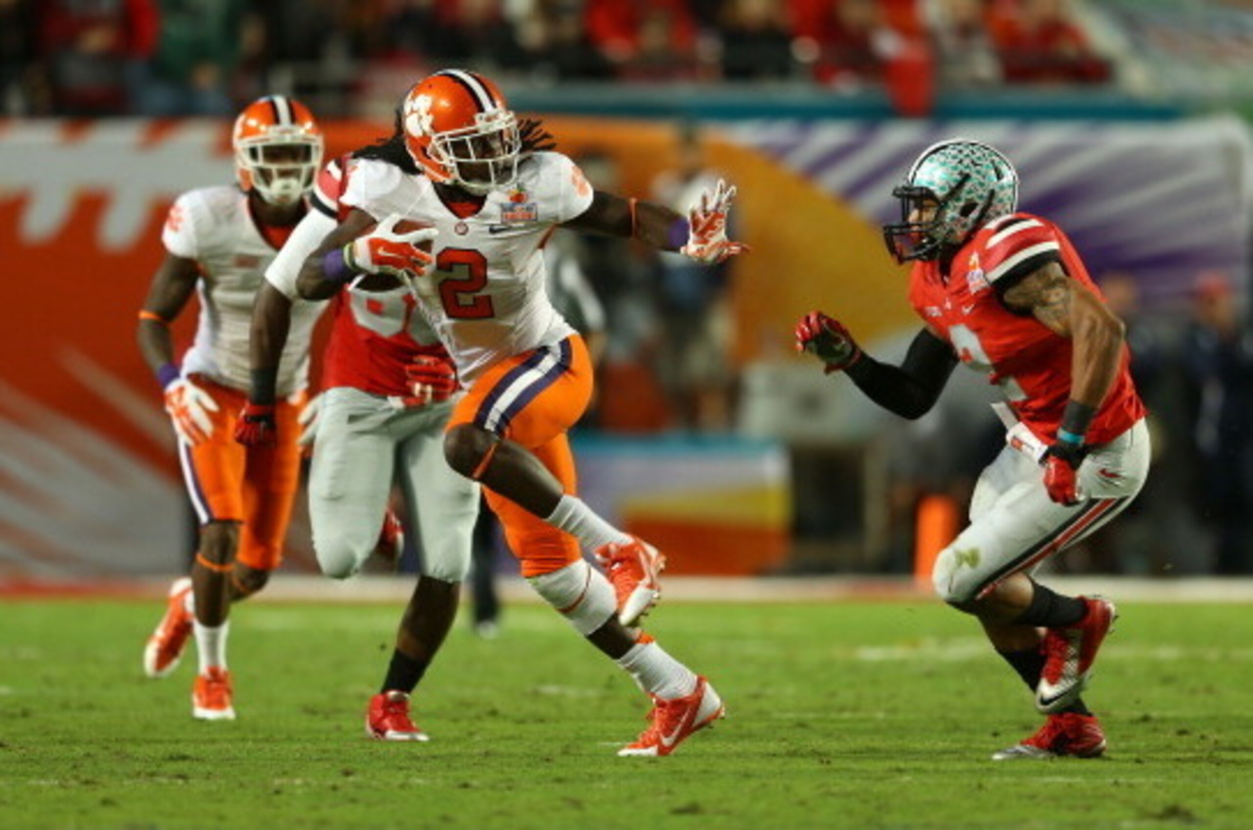 MIAMI GARDENS, FL - JANUARY 03: Sammy Watkins #2 of the Clemson Tigers runs with the ball in the first half against the Ohio State Buckeyes during the Discover Orange Bowl at Sun Life Stadium on January 3, 2014 in Miami Gardens, Florida.  (Photo by Mike E