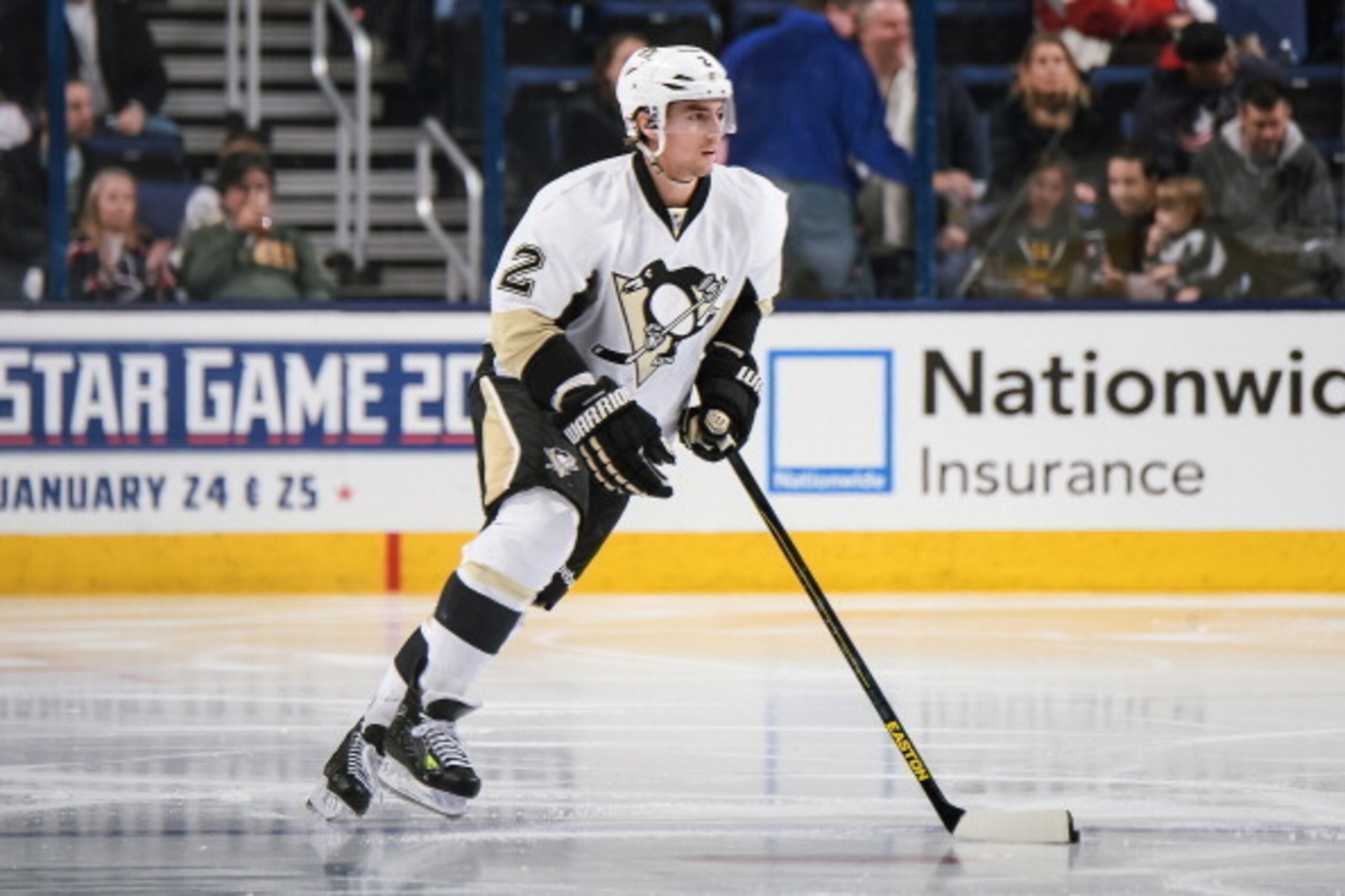 COLUMBUS, OH - DECEMBER 29:  Matt Niskanen #2 of the Pittsburgh Penguins skates with the puck against the Columbus Blue Jackets on December 29, 2013 at Nationwide Arena in Columbus, Ohio.  (Photo by Jamie Sabau/NHLI via Getty Images)
