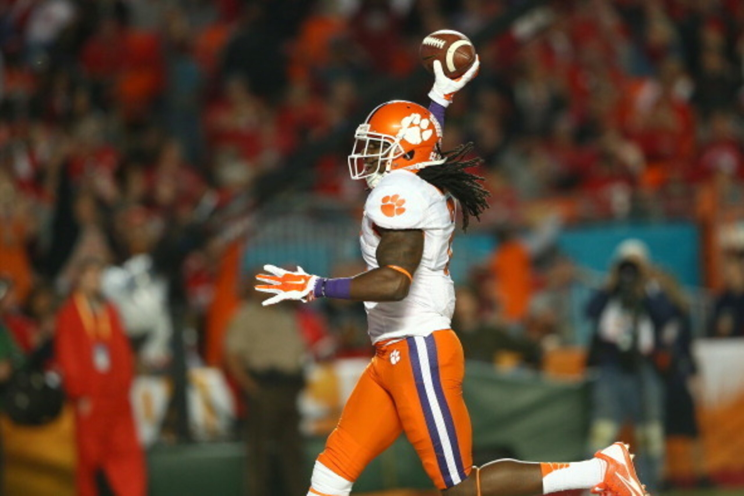 MIAMI GARDENS, FL - JANUARY 03:  Sammy Watkins #2 of the Clemson Tigers scores a touchdown in the first quarter against the Ohio State Buckeyes during the Discover Orange Bowl at Sun Life Stadium on January 3, 2014 in Miami Gardens, Florida.  (Photo by St