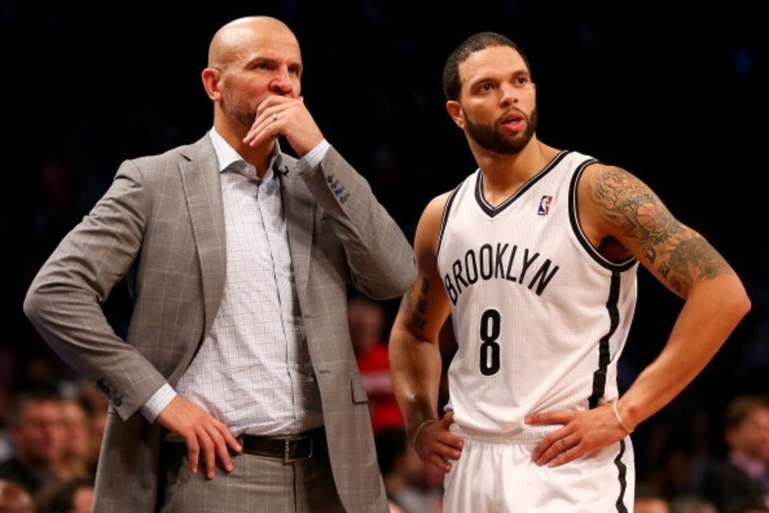 NEW YORK, NY - APRIL 25:  Head coach Jason Kidd talks with Deron Williams #8 of the Brooklyn Nets during a time out in the second half against the Toronto Raptors in Game Three of the Eastern Conference Quarterfinals during the 2014 NBA Playoffs at the Ba