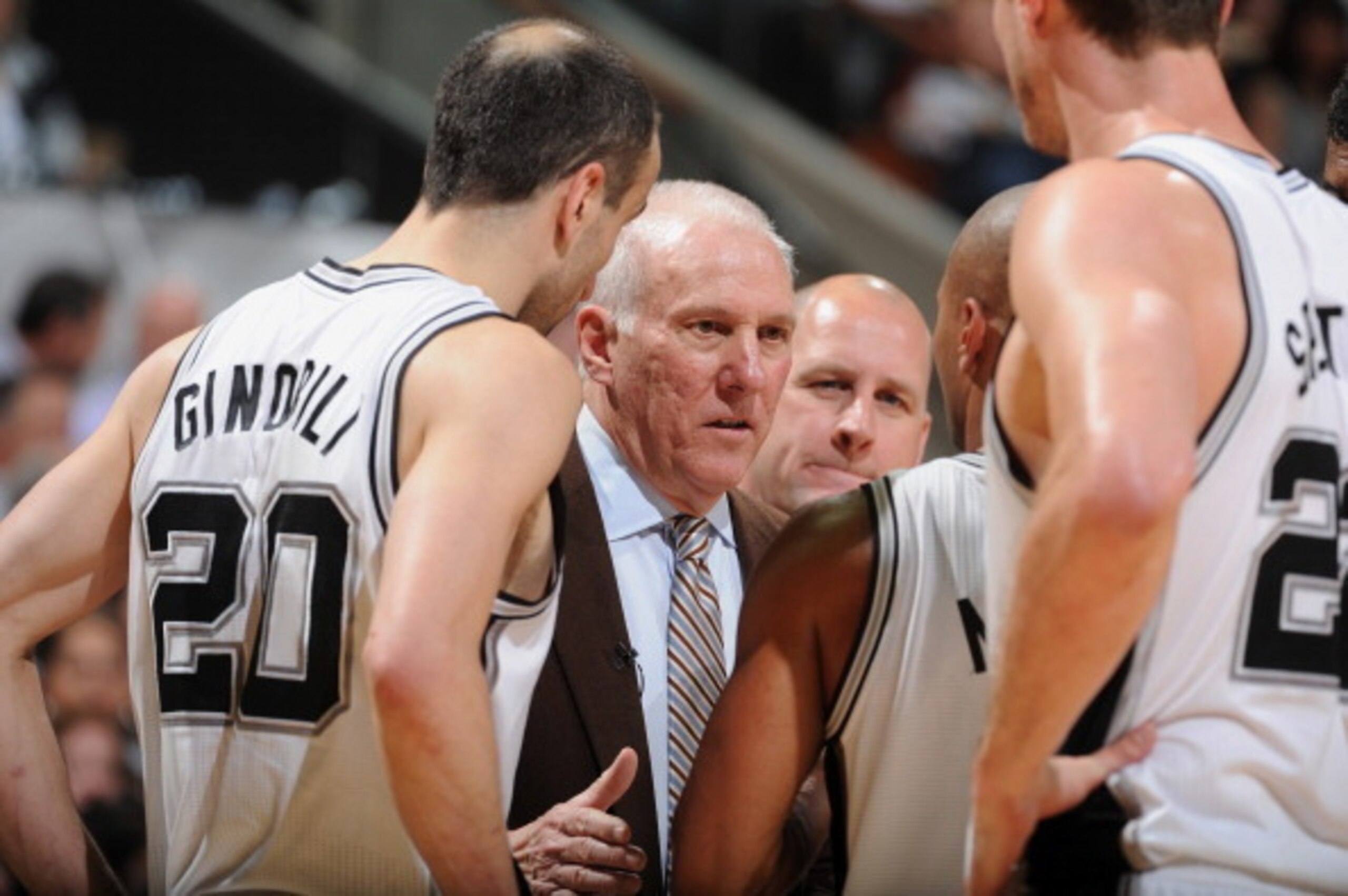 SAN ANTONIO, TX - APRIL 30: Head Coach Gregg Popovich of the San Antonio Spurs gives his players direction against the Dallas Mavericks in Game Five of the Western Conference Quarterfinals during the 2014 NBA Playoffs on April 30, 2014 at the AT&T Center 