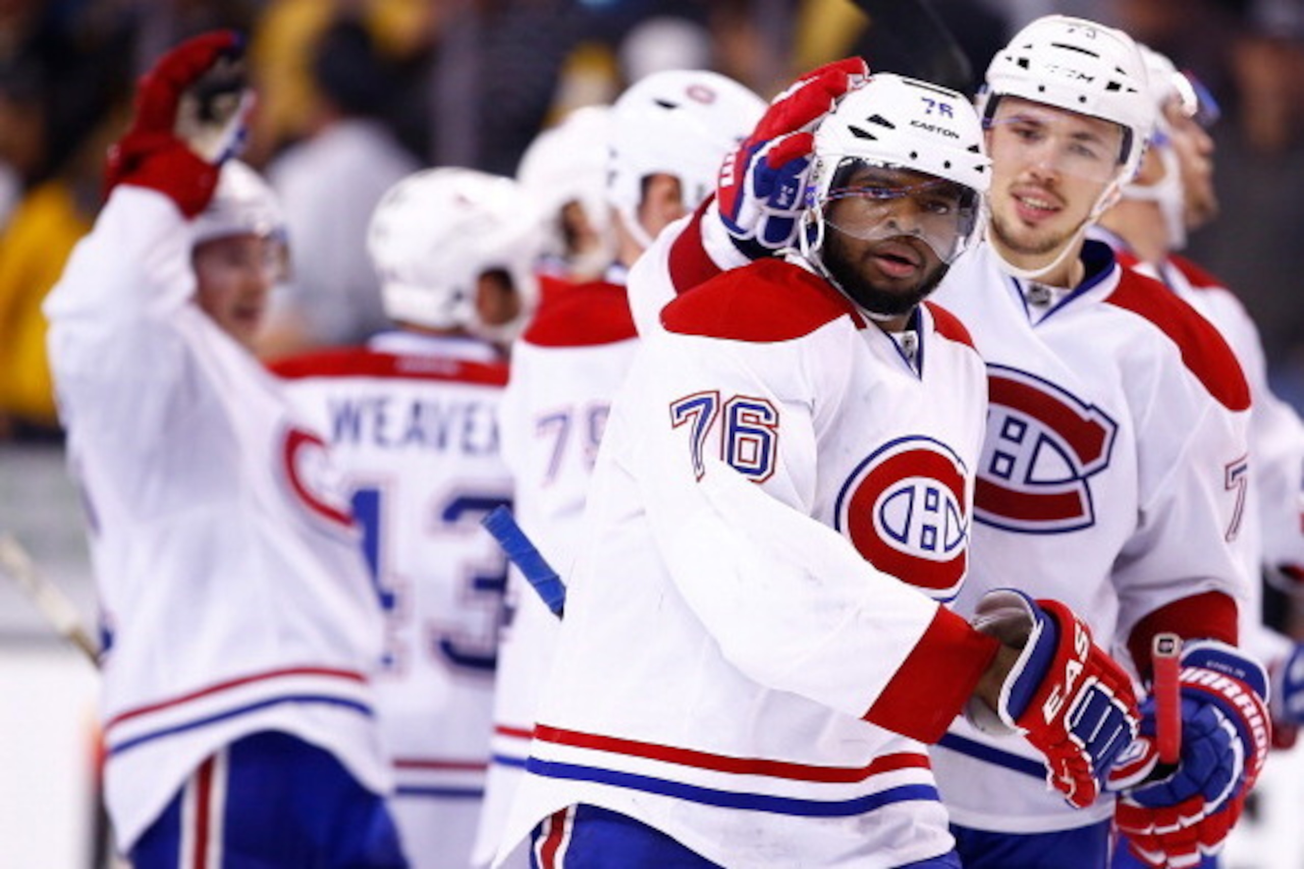 BOSTON, MA - MAY 01: P.K. Subban #76 of the Montreal Canadiens celebrates his game-winning power play goal with his teammates in the second overtime period against the Boston Bruins in Game One of the Second Round of the 2014 NHL Stanley Cup Playoffs on BOSTON, MA - MAY 01: P.K. Subban #76 of the Montreal Canadiens celebrates his game-winning power play goal with his teammates in the second overtime period against the Boston Bruins in Game One of the Second Round of the 2014 NHL Stanley Cup Playoffs on
