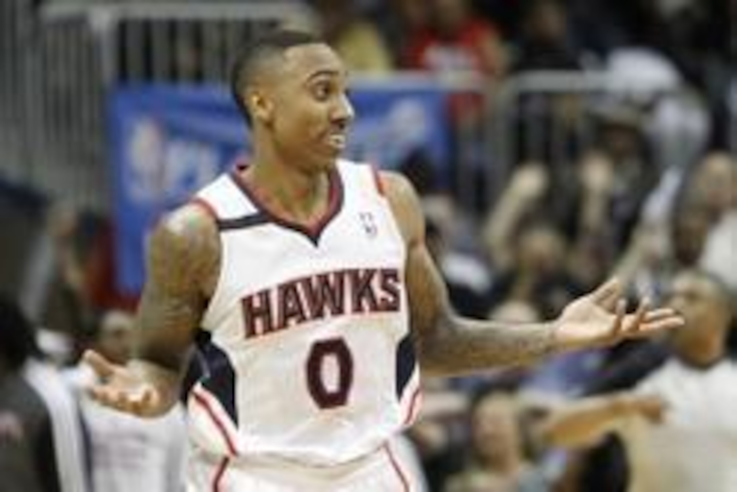 Apr 24, 2014; Atlanta, GA, USA; Atlanta Hawks guard Jeff Teague (0) shows emotion after making a shot against the Indiana Pacers in the fourth quarter in game three of the first round of the 2014 NBA Playoffs at Philips Arena. The Hawks defeated the Pacer