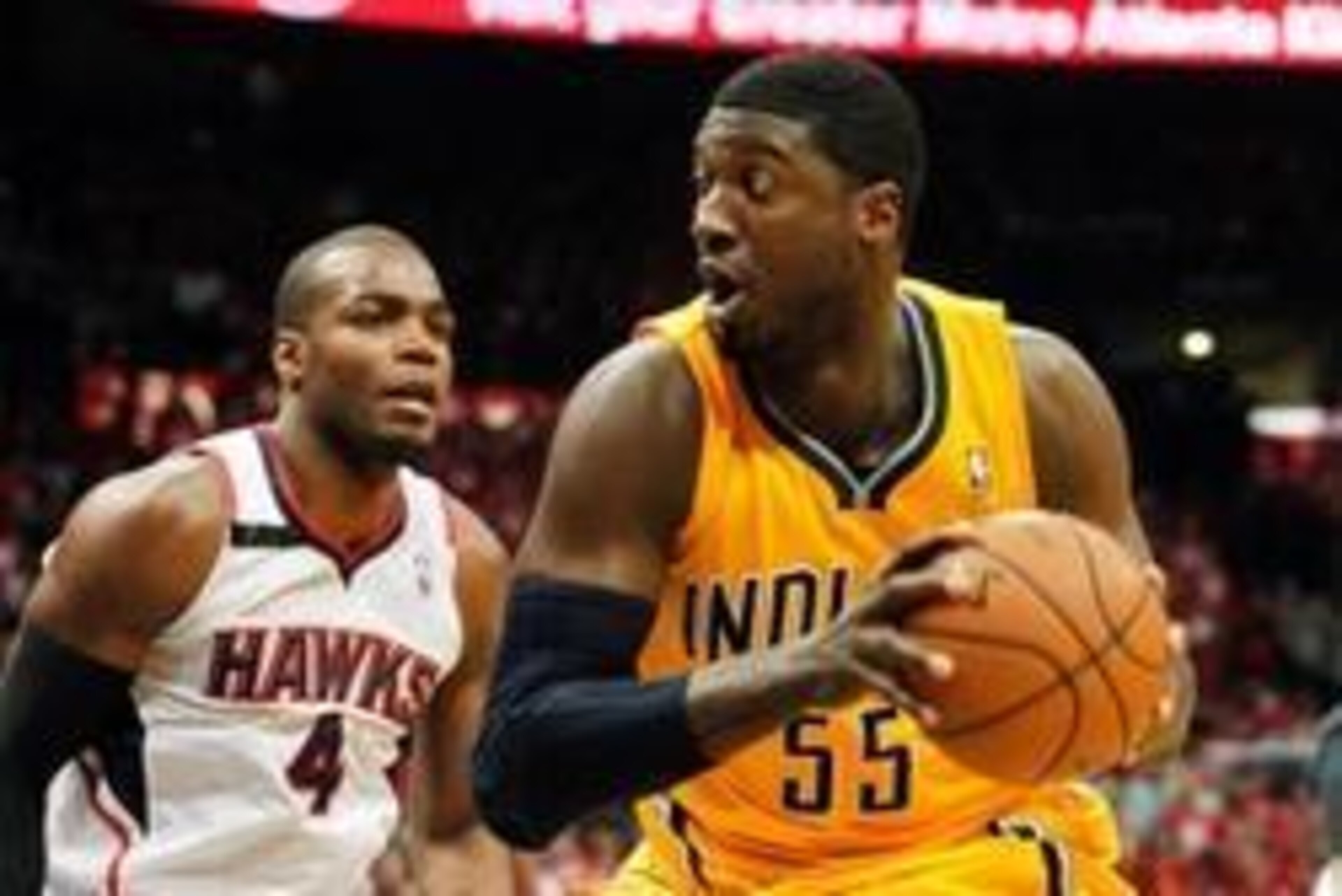 May 1, 2014; Atlanta, GA, USA; Indiana Pacers center Roy Hibbert (55) controls the ball against Atlanta Hawks Paul Millsap (4) in game six of the first round of the 2014 NBA Playoffs at Philips Arena. The Pacers defeated the Hawks 95-88. Mandatory Credit: May 1, 2014; Atlanta, GA, USA; Indiana Pacers center Roy Hibbert (55) controls the ball against Atlanta Hawks Paul Millsap (4) in game six of the first round of the 2014 NBA Playoffs at Philips Arena. The Pacers defeated the Hawks 95-88. Mandatory Credit: