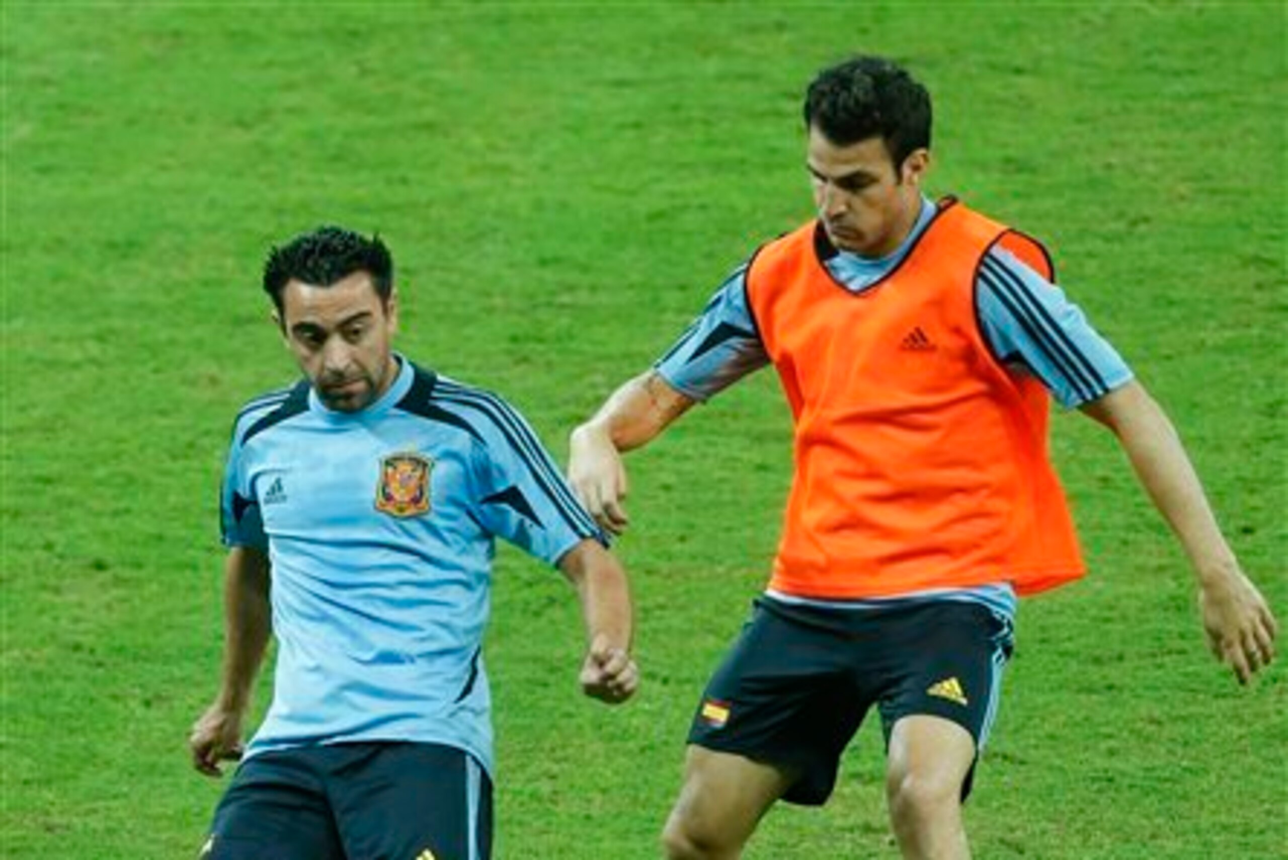 Try as he might, Cesc Fabregas cannot dislodge Xavi Hernandez - eight years his senior.