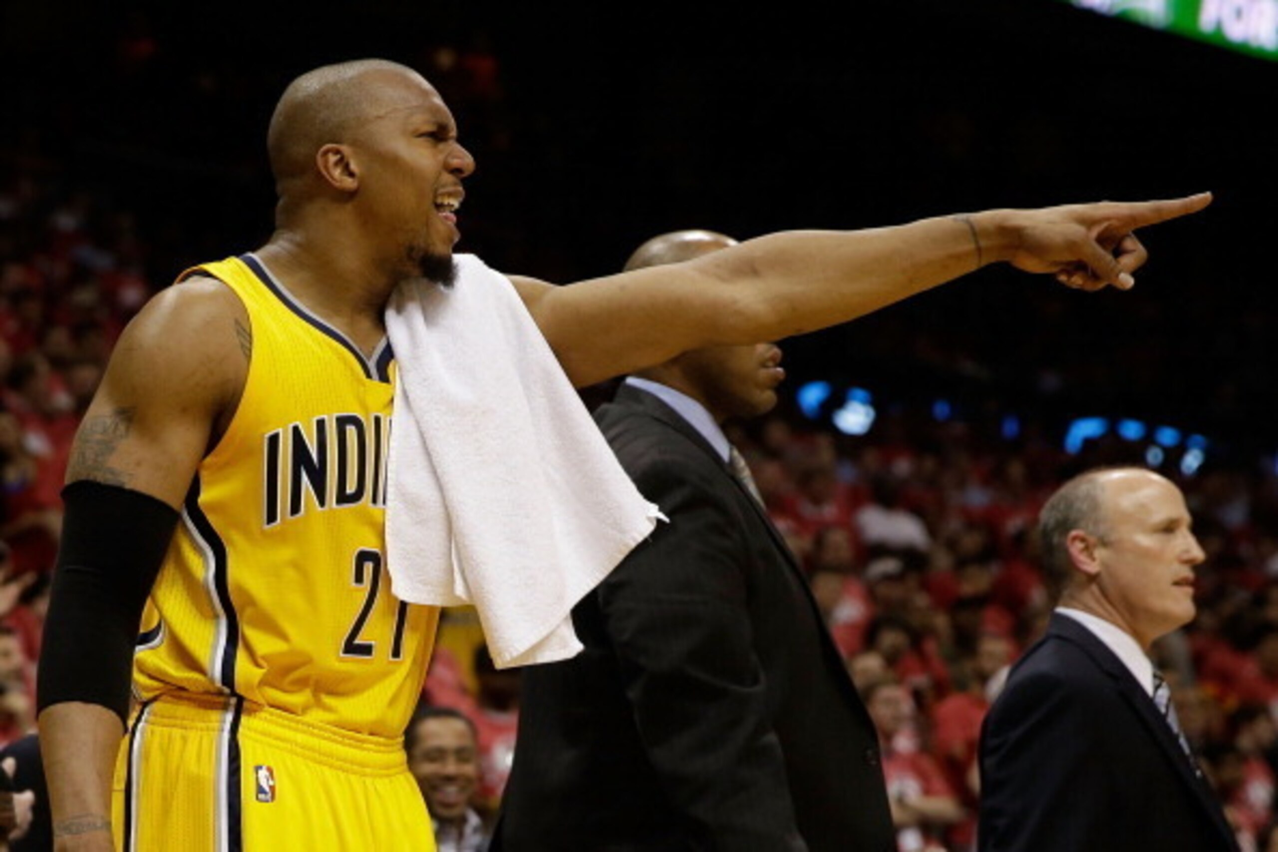 ATLANTA, GA - MAY 01:  Forward David West #21 of the Indiana Pacers argues a call in Game 6 of the Eastern Conference Quarterfinals during the 2014 NBA Playoffs at Philips Arena on May 1, 2014 in Atlanta, Georgia.  NOTE TO USER:  User expressly acknowledg
