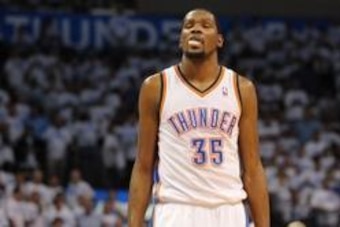 Apr 29, 2014; Oklahoma City, OK, USA; Oklahoma City Thunder forward Kevin Durant (35) reacts to a call in action against the Memphis Grizzlies during the fourth quarter in game five of the first round of the 2014 NBA Playoffs at Chesapeake Energy Arena. M
