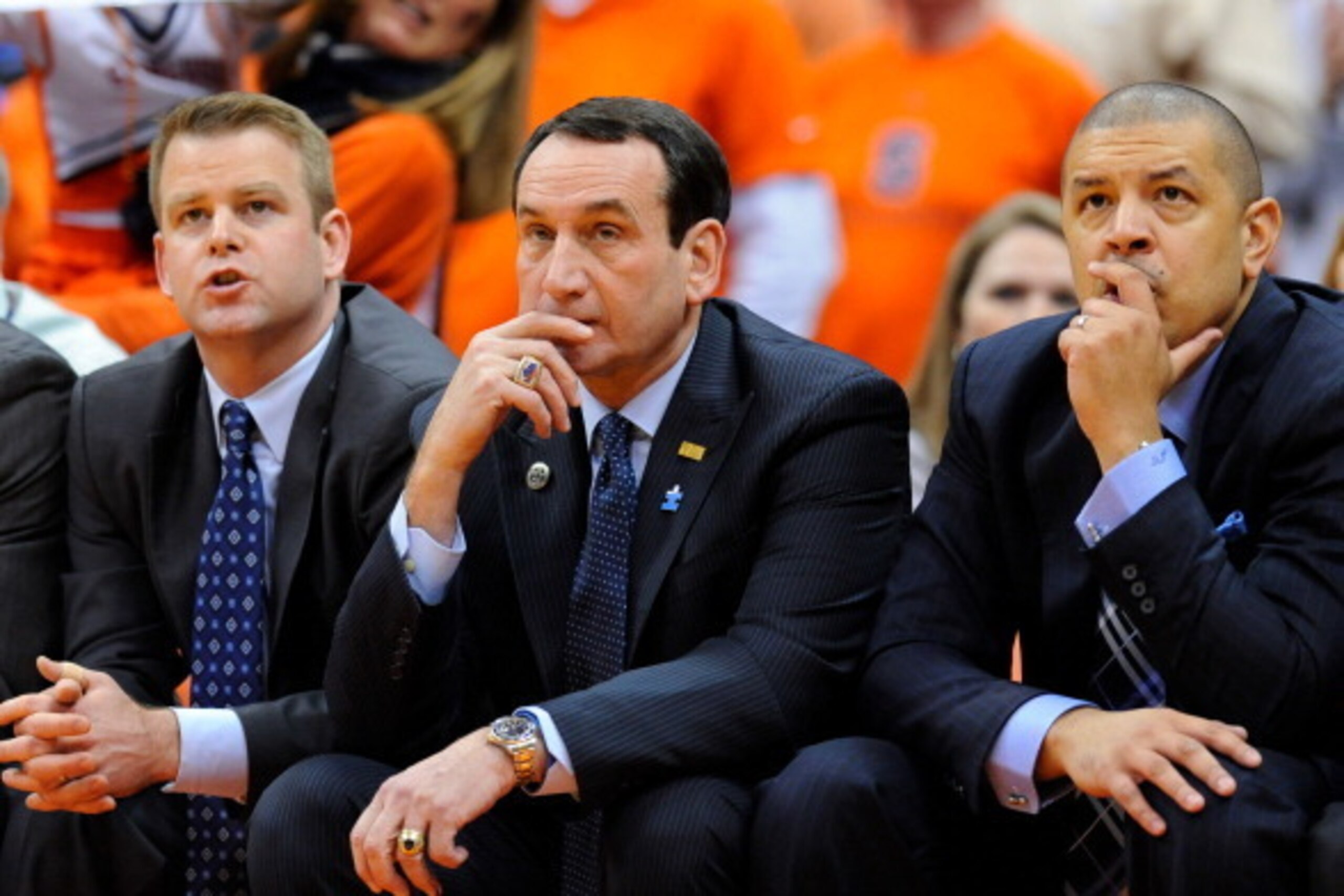 SYRACUSE, NY - FEBRUARY 01:  (L-R) Associate head coach Steve Wojciechowski, head coach Mike Krzyzewski and associate coach Jeff Capel look on against the Syracuse Orange during the first half at the Carrier Dome on February 1, 2014 in Syracuse, New York.